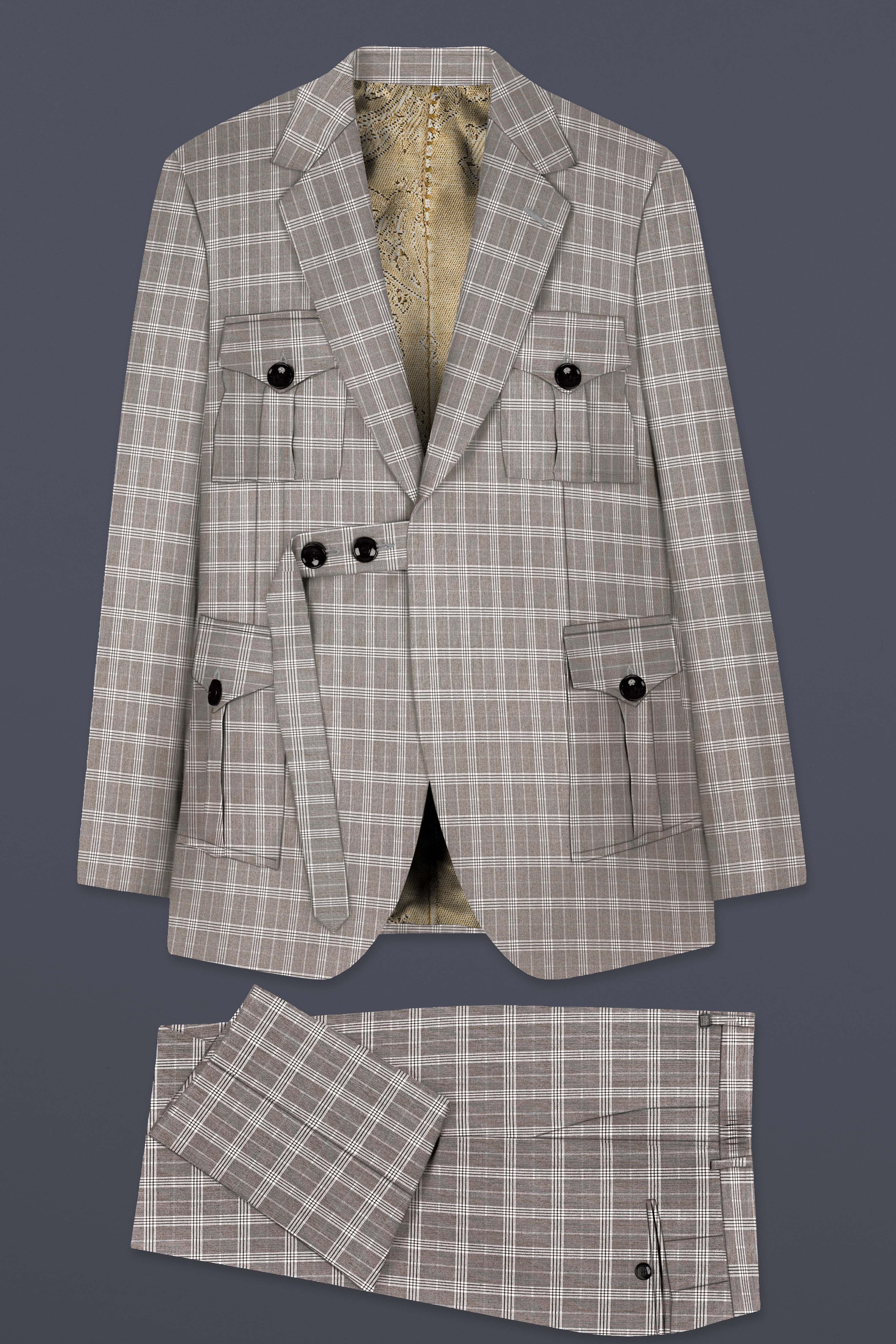 Monsoon Gray Plaid Wool Rich Belt Closure Designer Suit