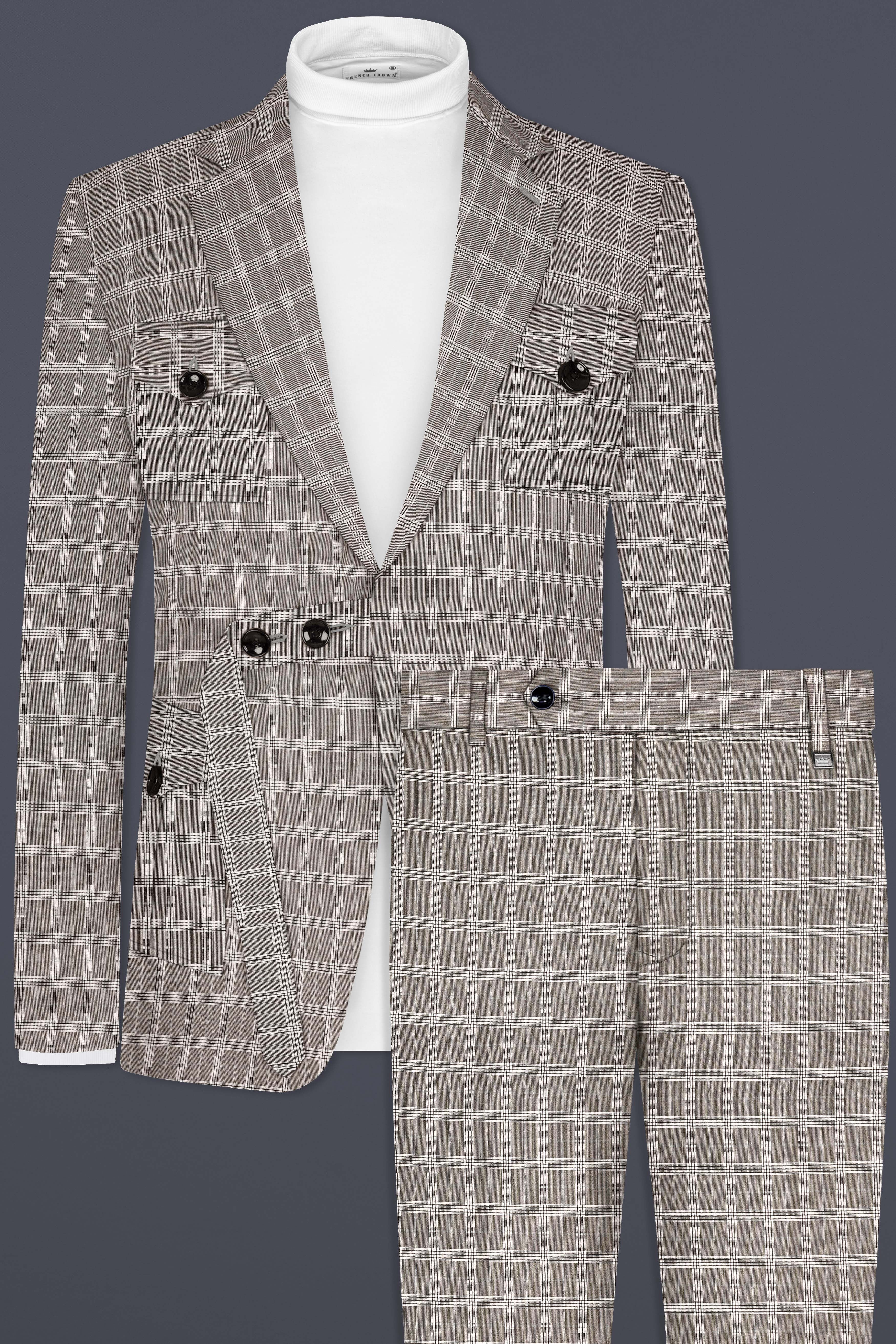 Monsoon Gray Plaid Wool Rich Belt Closure Designer Suit