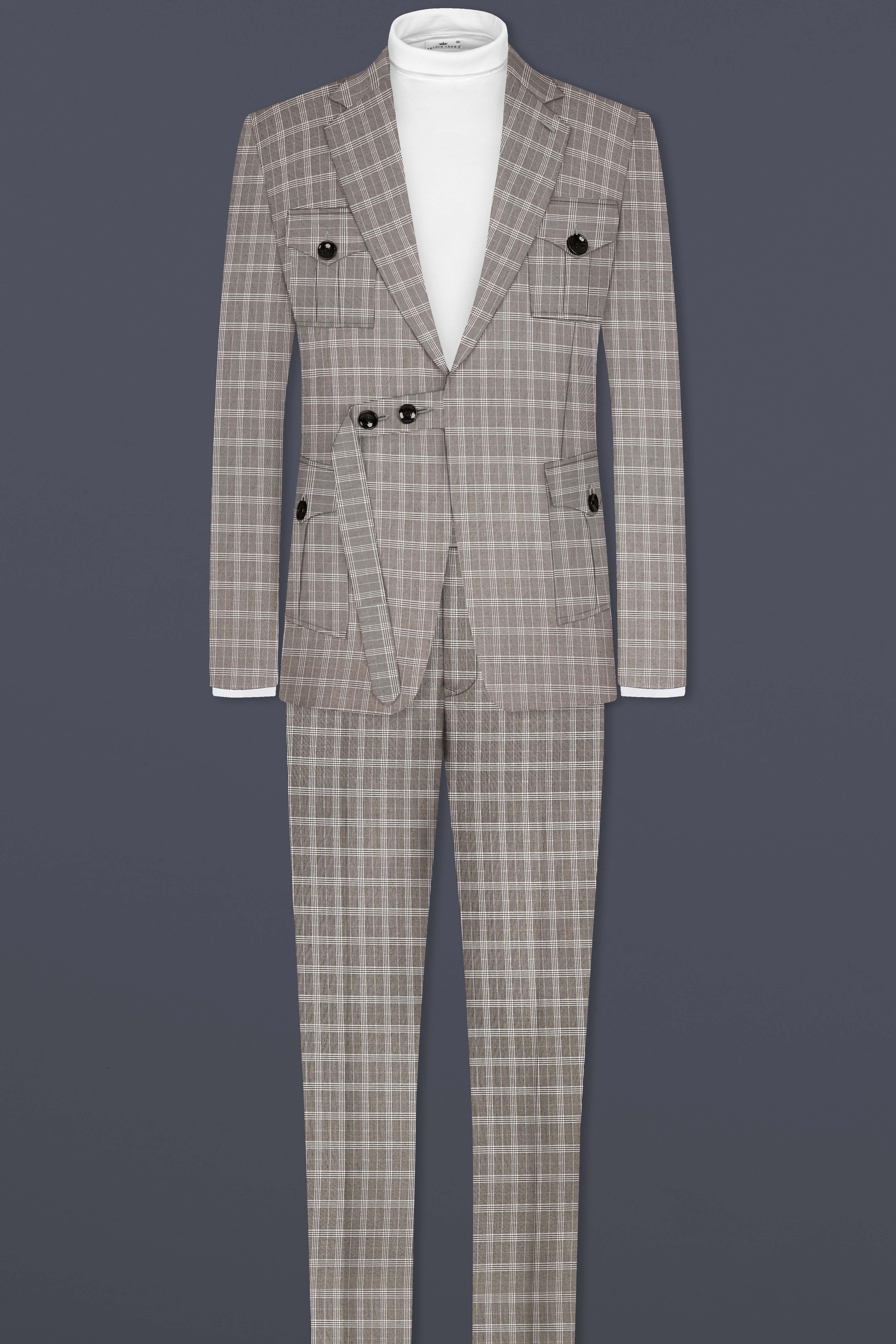 Monsoon Gray Plaid Wool Rich Belt Closure Designer Suit