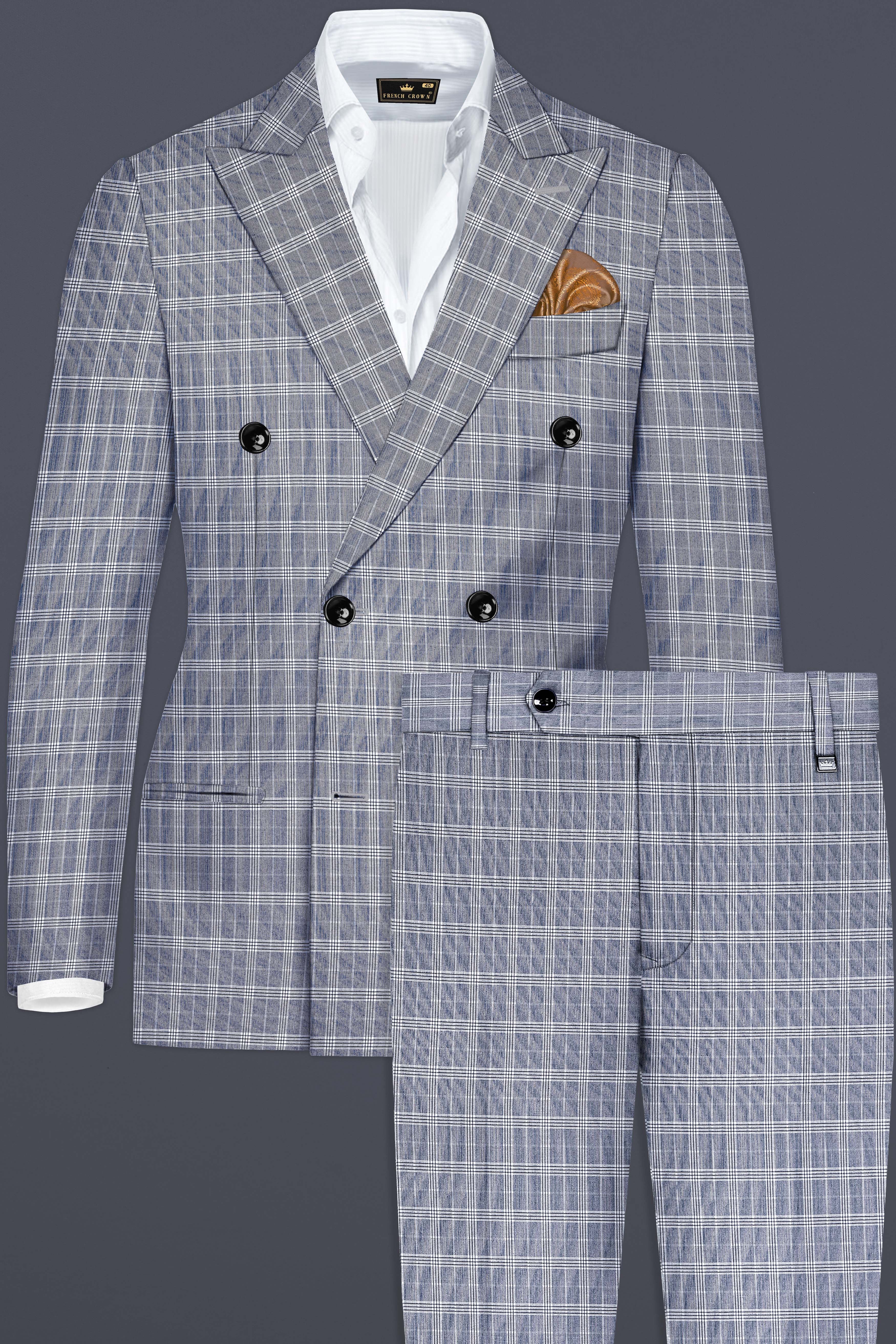 Mountain Mist Blue Plaid Wool Rich Double Breasted Suit