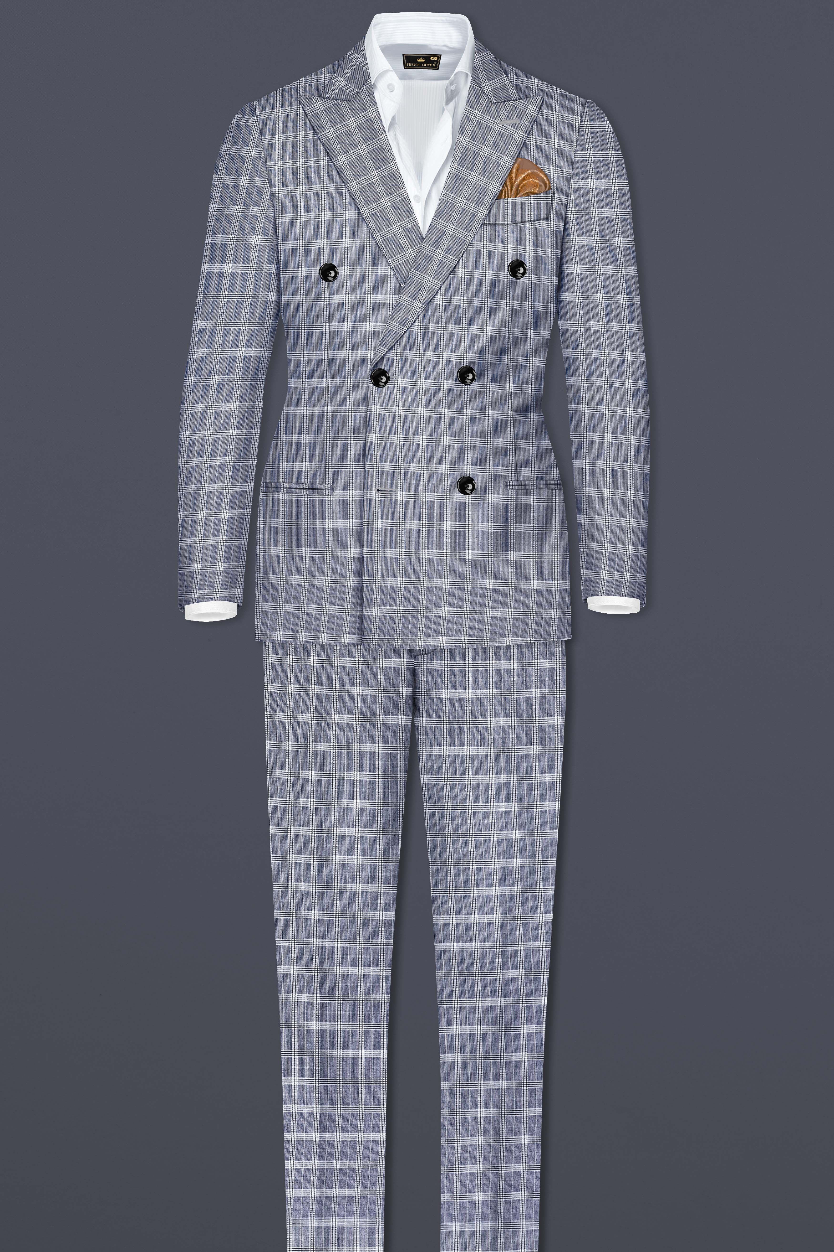 Mountain Mist Blue Plaid Wool Rich Double Breasted Suit