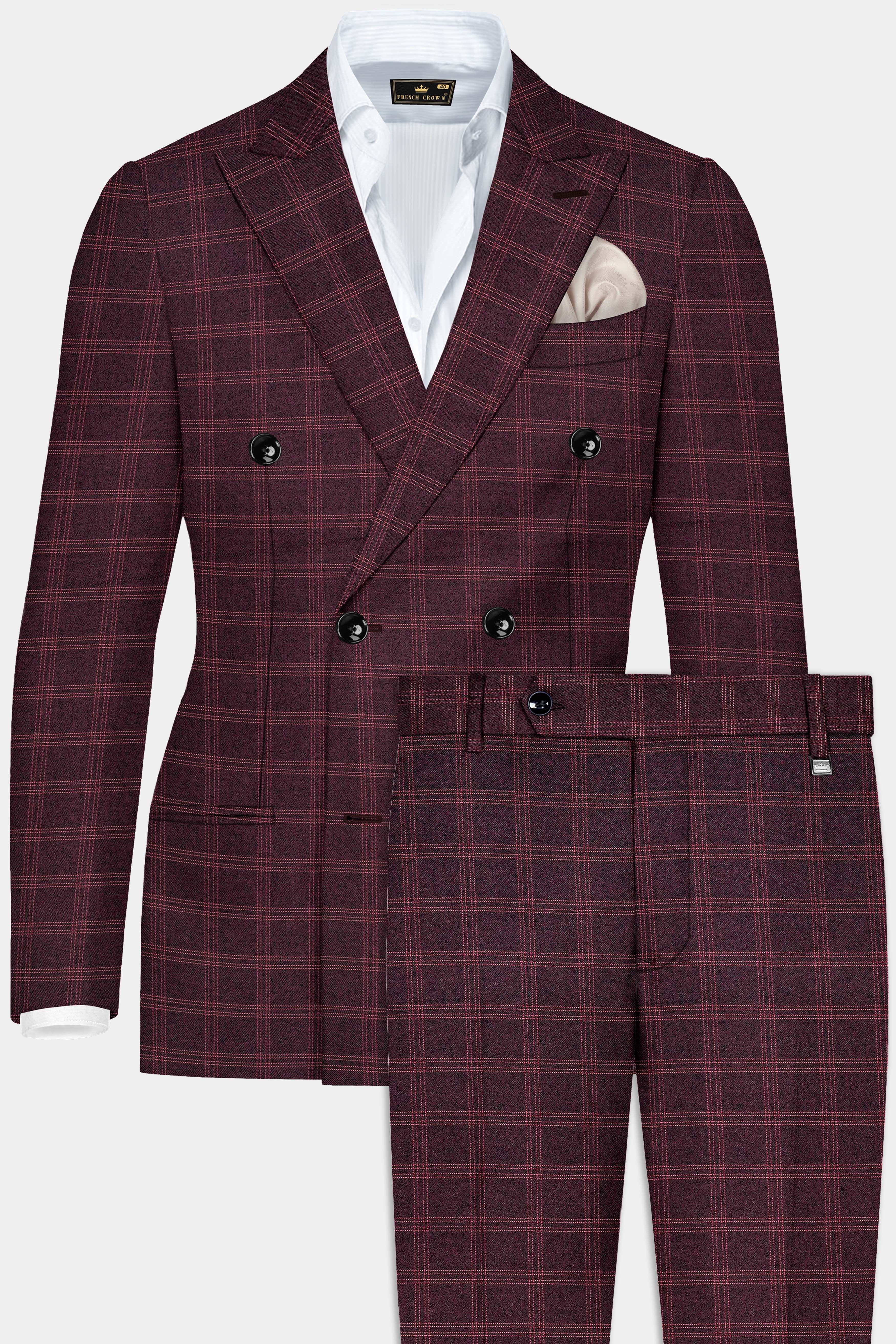 Russett Maroon Plaid Wool Rich Double Breasted Suit