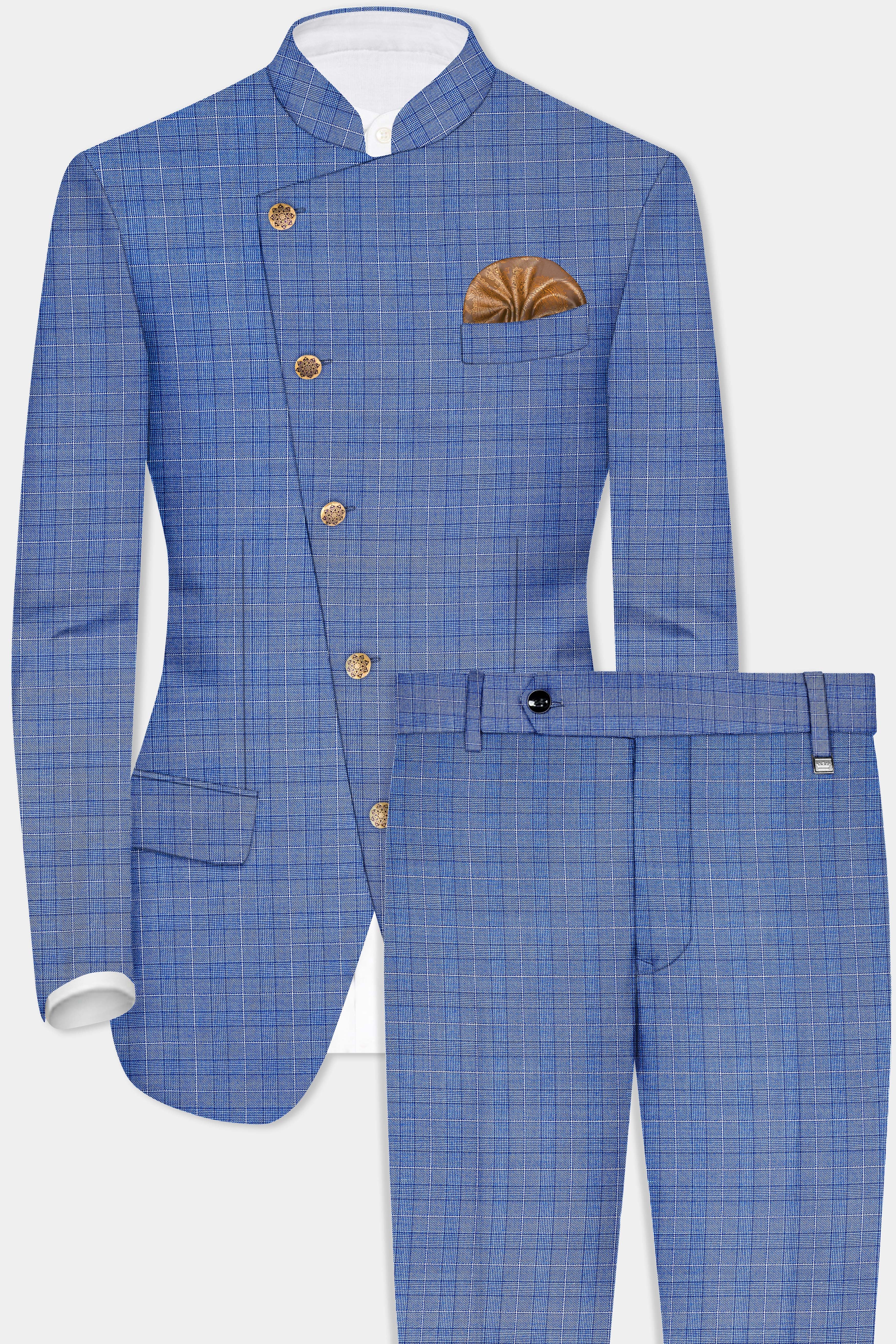 Indigo Blue Plaid Wool Rich Cross Placket Bandhgala Suit