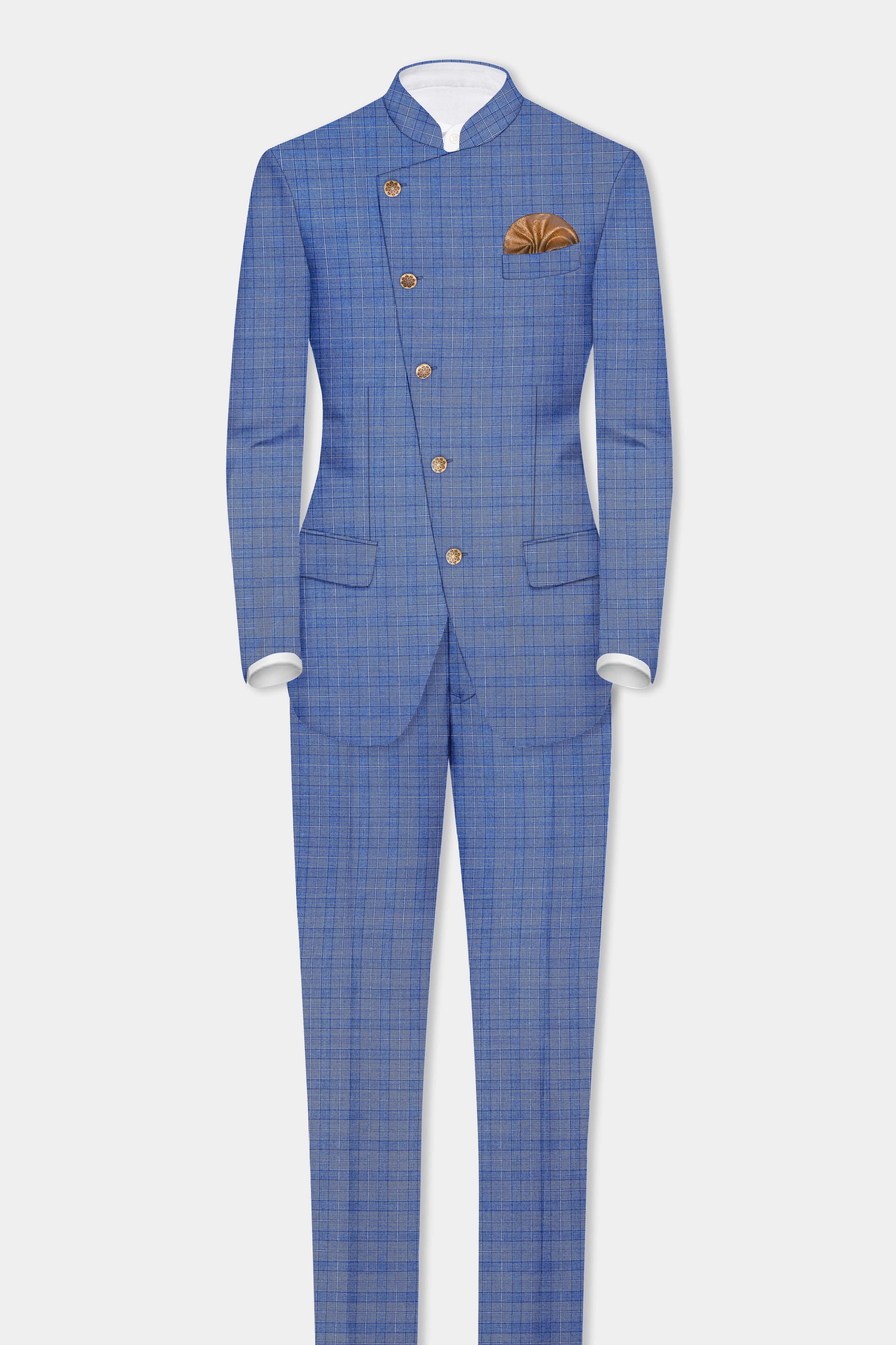 Indigo Blue Plaid Wool Rich Cross Placket Bandhgala Suit