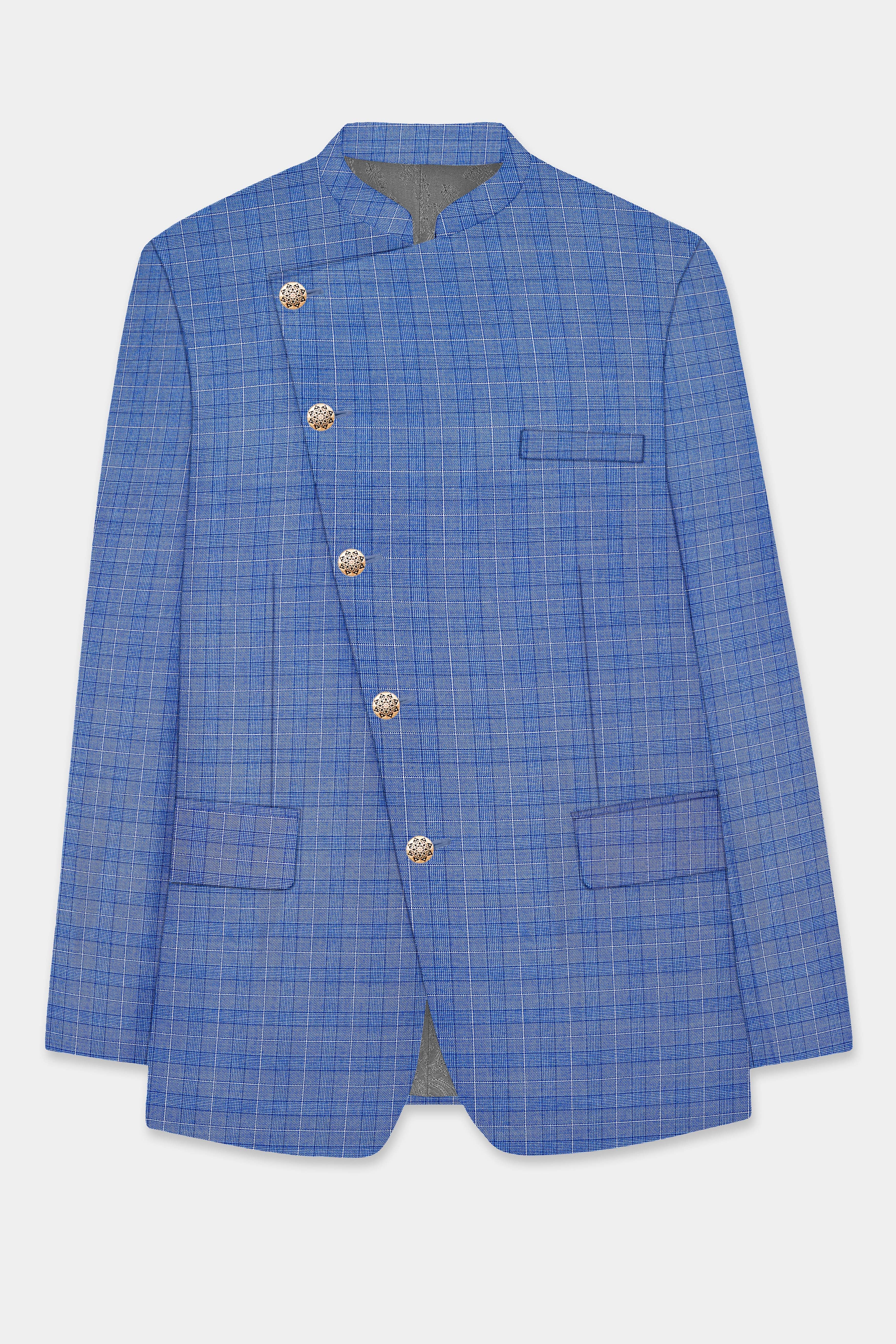 Indigo Blue Plaid Wool Rich Cross Placket Bandhgala Suit