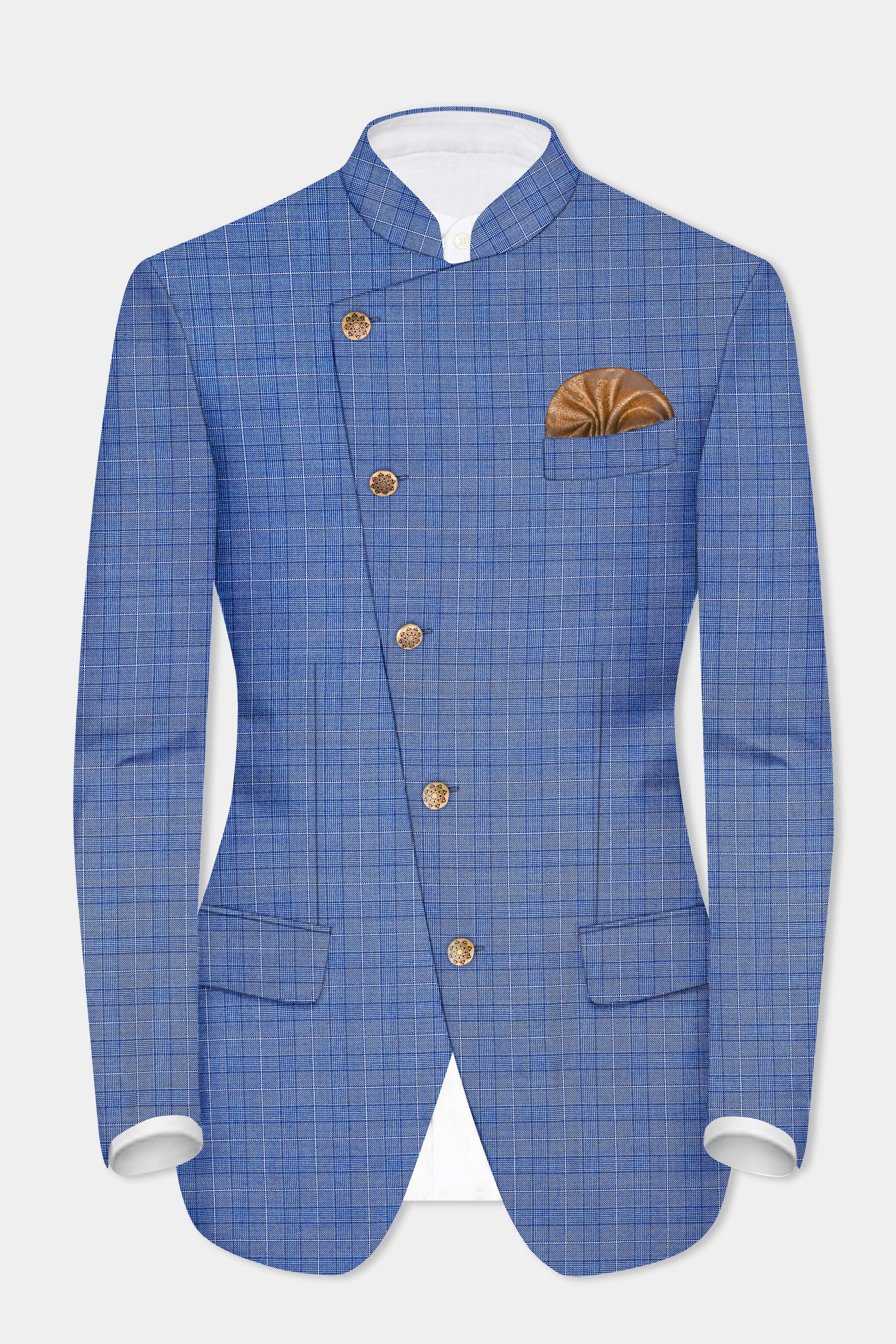 Indigo Blue Plaid Wool Rich Cross Placket Bandhgala Suit