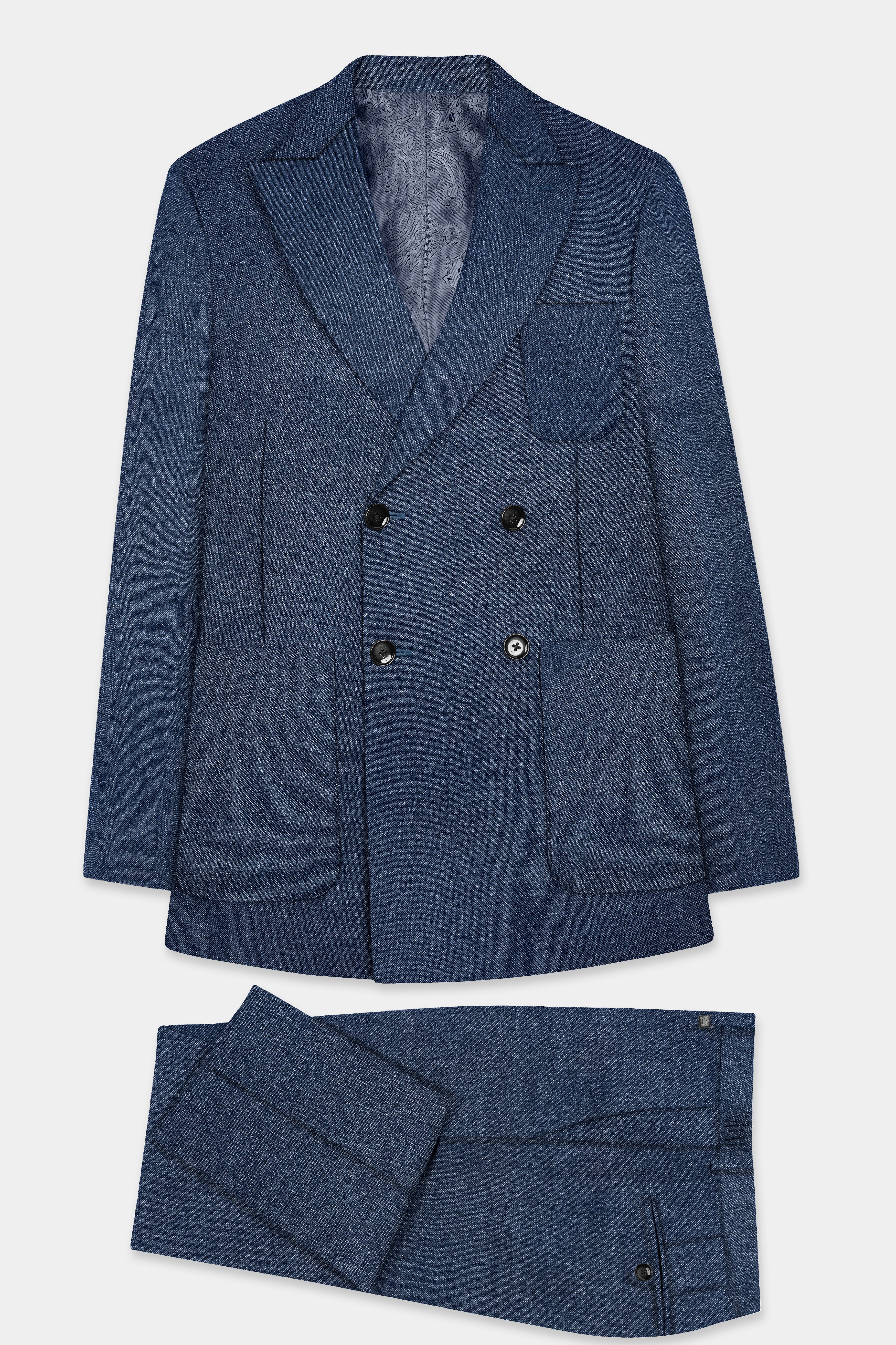 Zodiac Blue Textured Tweed Wool Rich Patch Pocket Designer Sport Suit