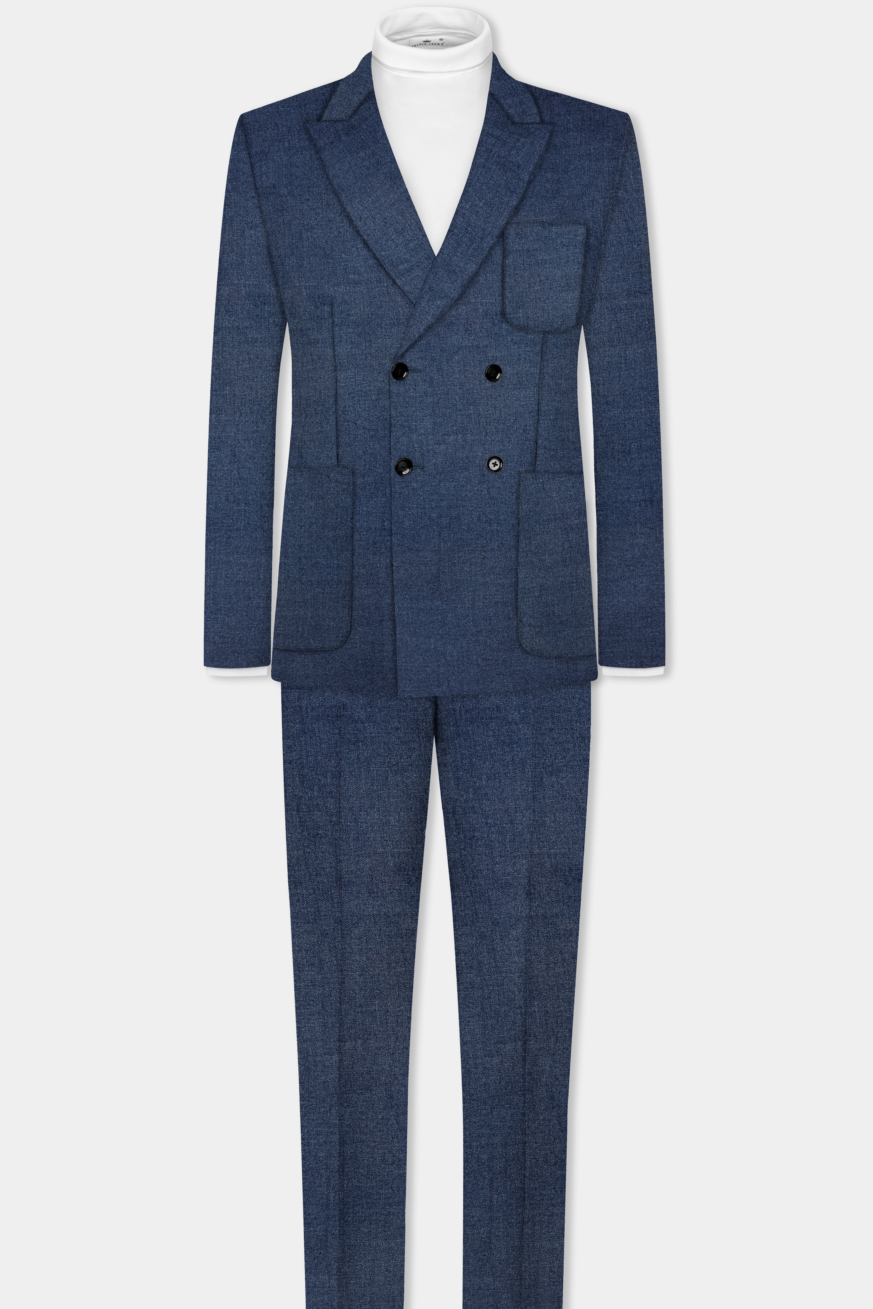 Zodiac Blue Textured Tweed Wool Rich Patch Pocket Designer Sport Suit