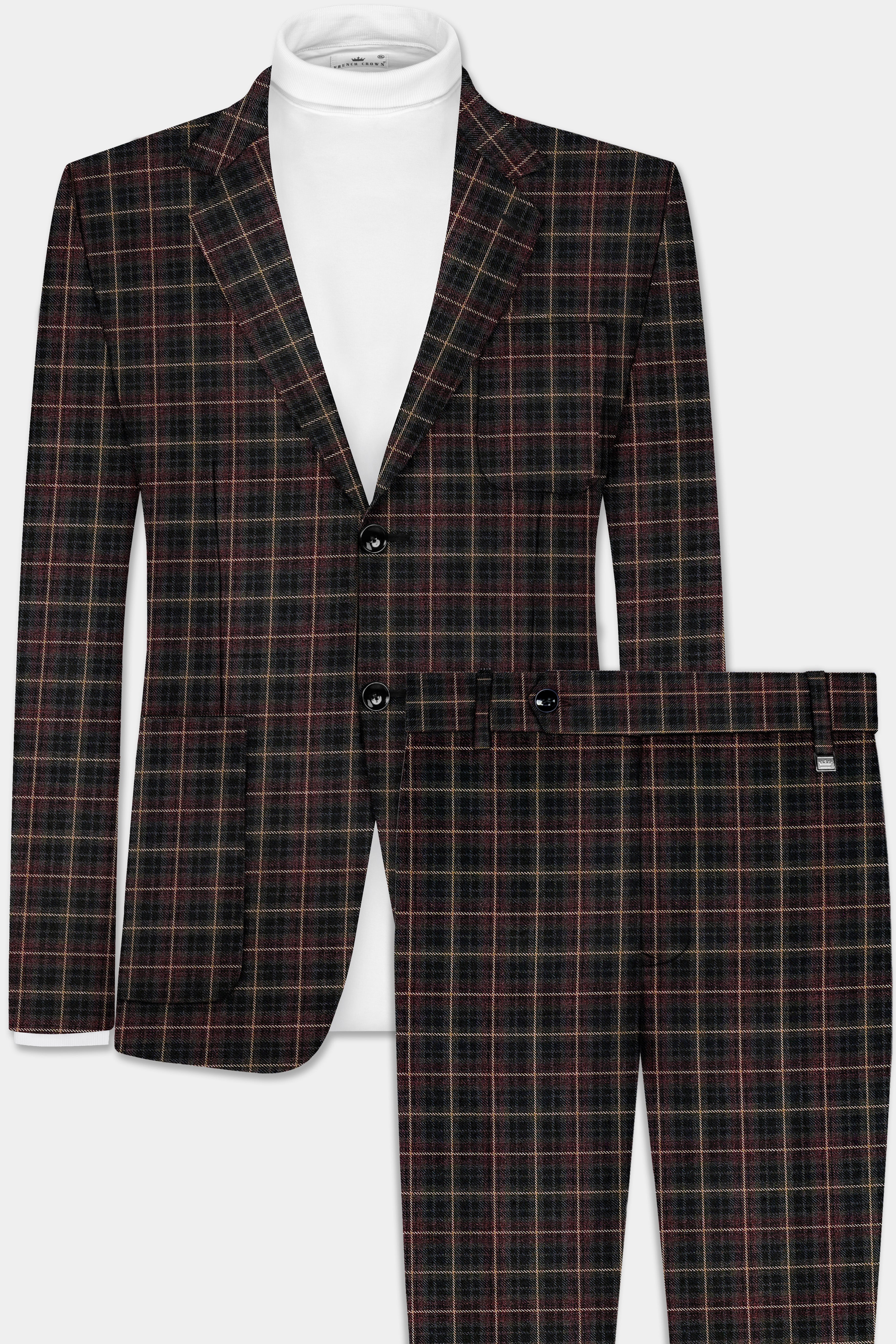 Asphalt Brown Plaid Tweed Wool Rich Single Breasted Sports Suit