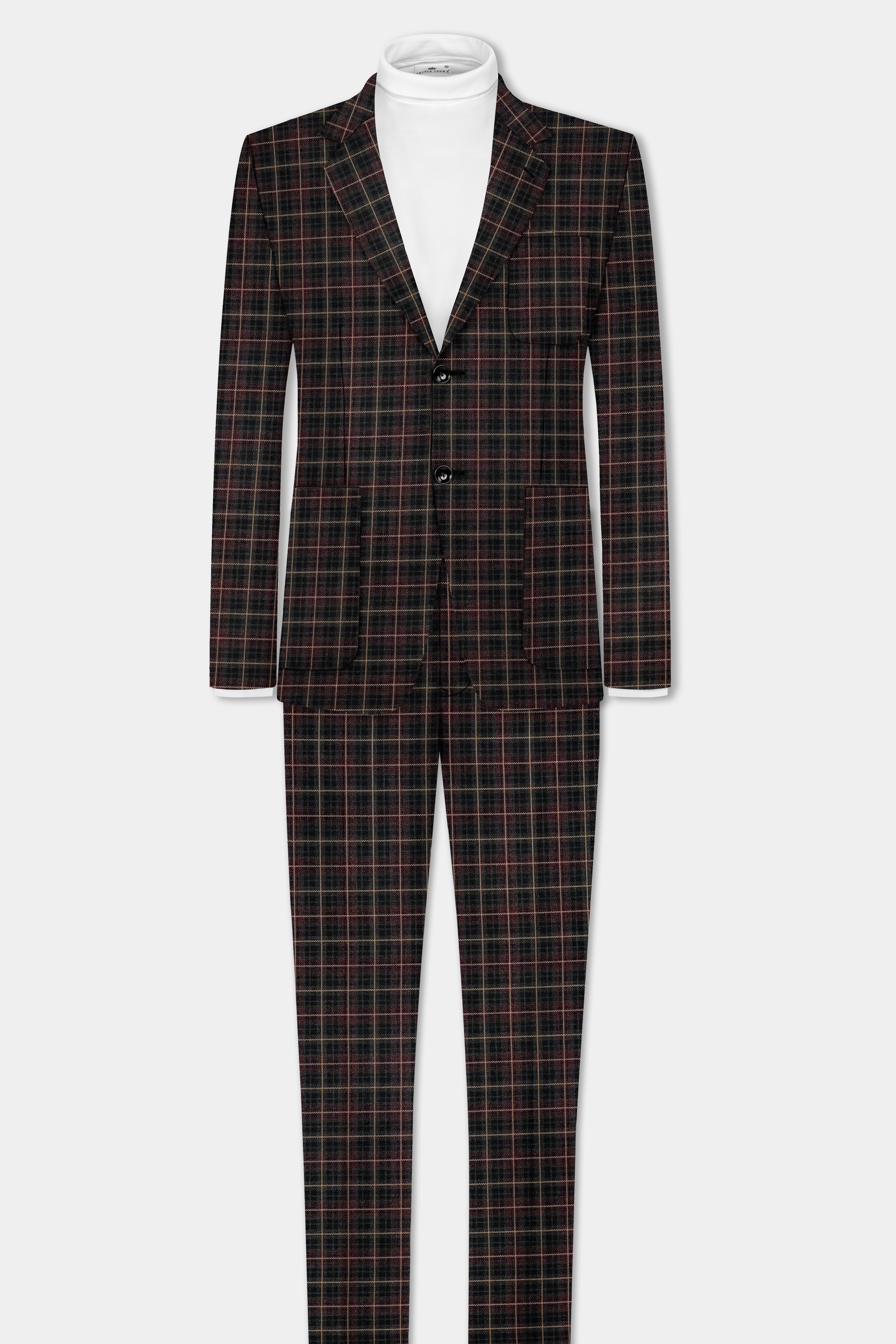 Asphalt Brown Plaid Tweed Wool Rich Single Breasted Sports Suit