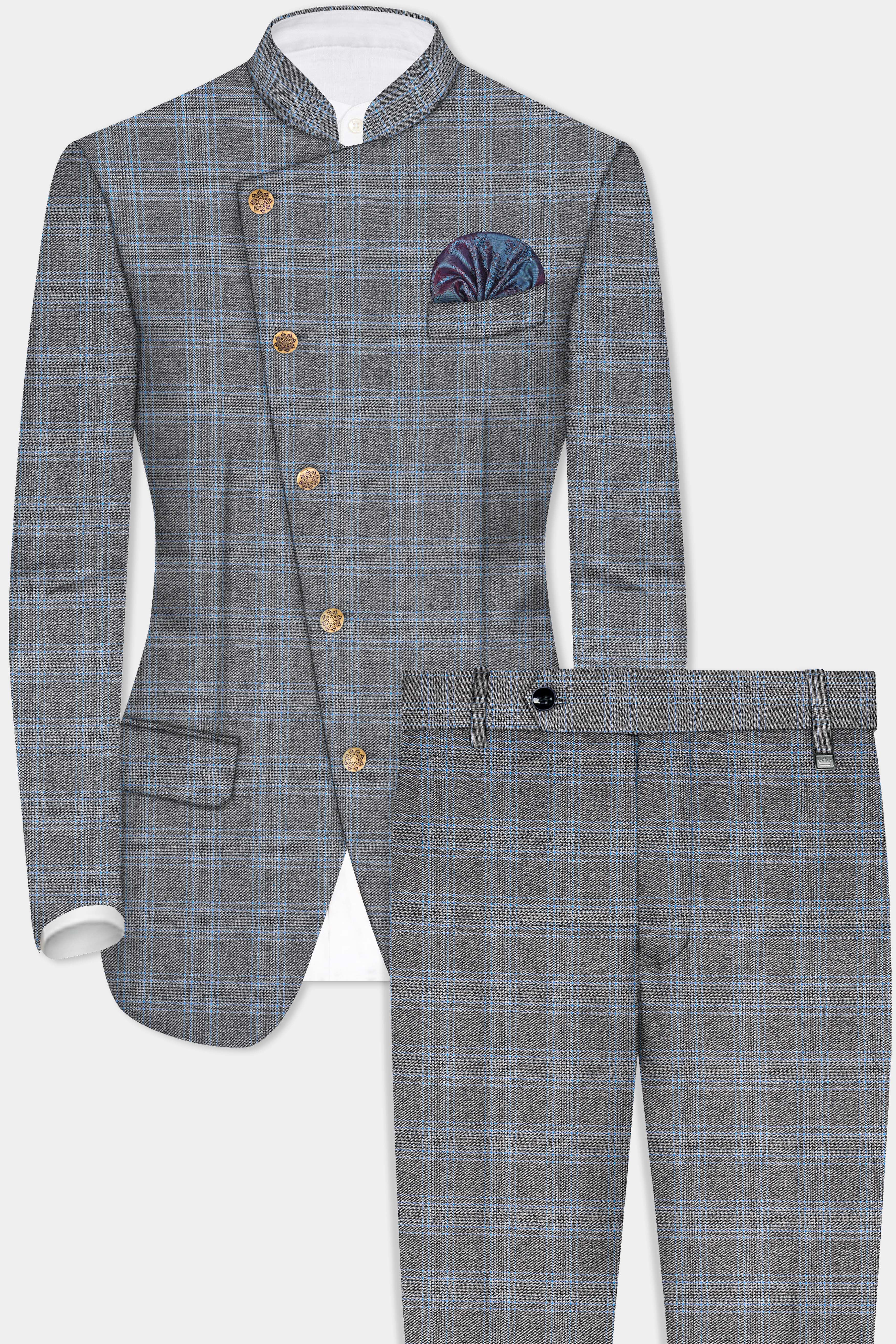 Smokey Gray And Spindle Blue Plaid Wool Rich Cross Placket Bandhgala Suit