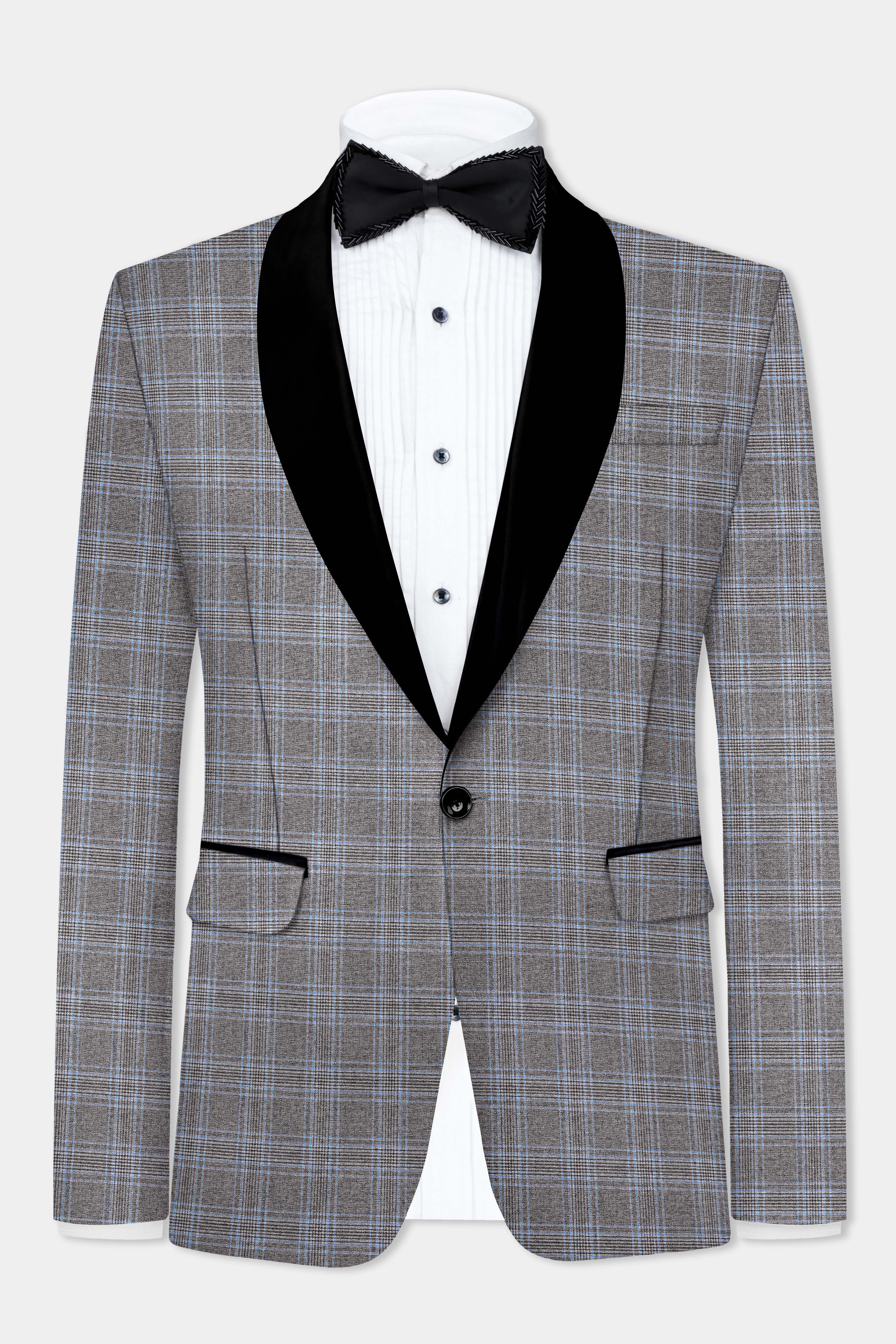 Smokey Gray And Spindle Blue Plaid Wool Rich Tuxedo Suit