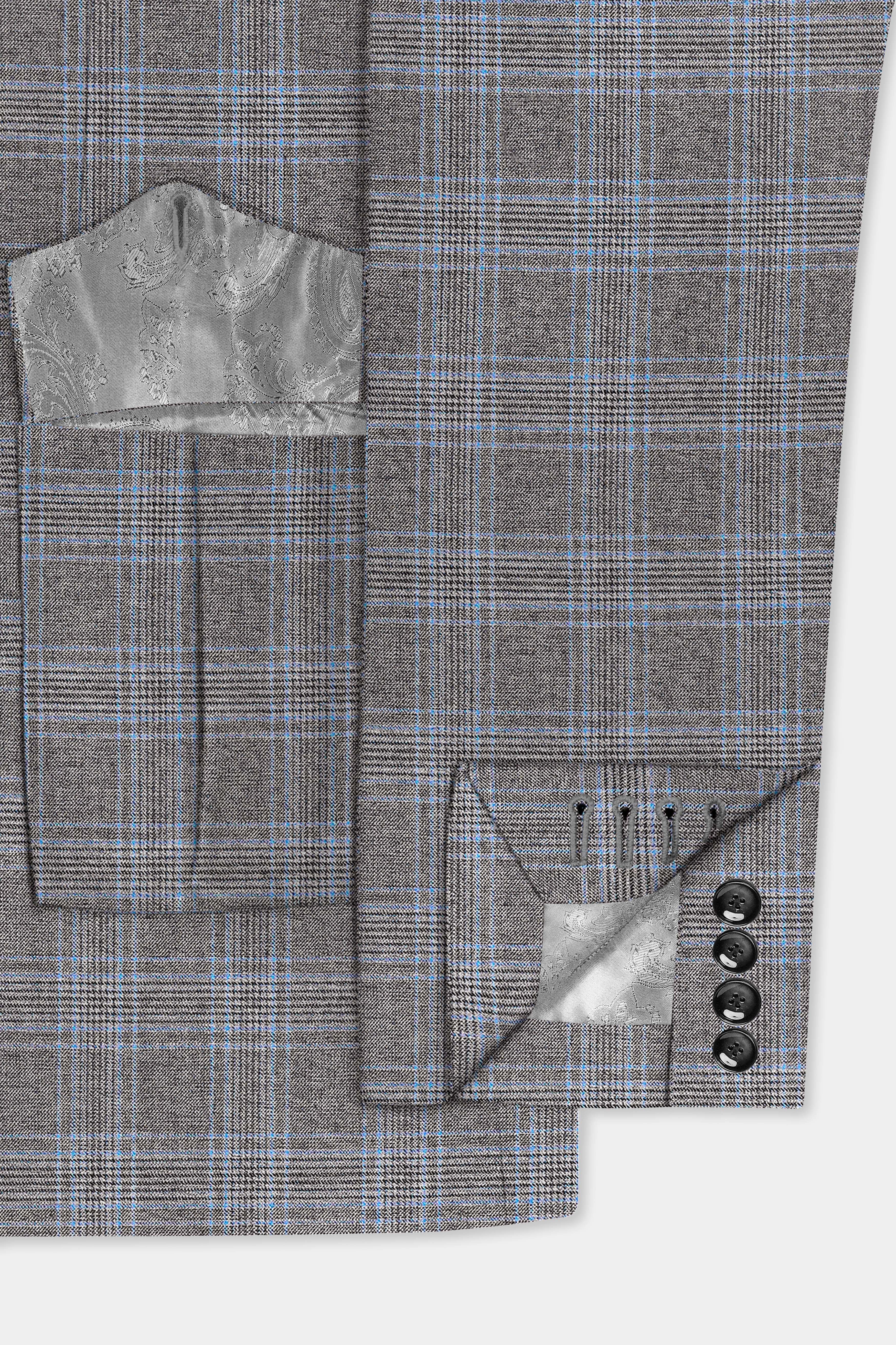 Smokey Gray And Spindle Blue Plaid Wool Rich Belt Closure Designer Suit