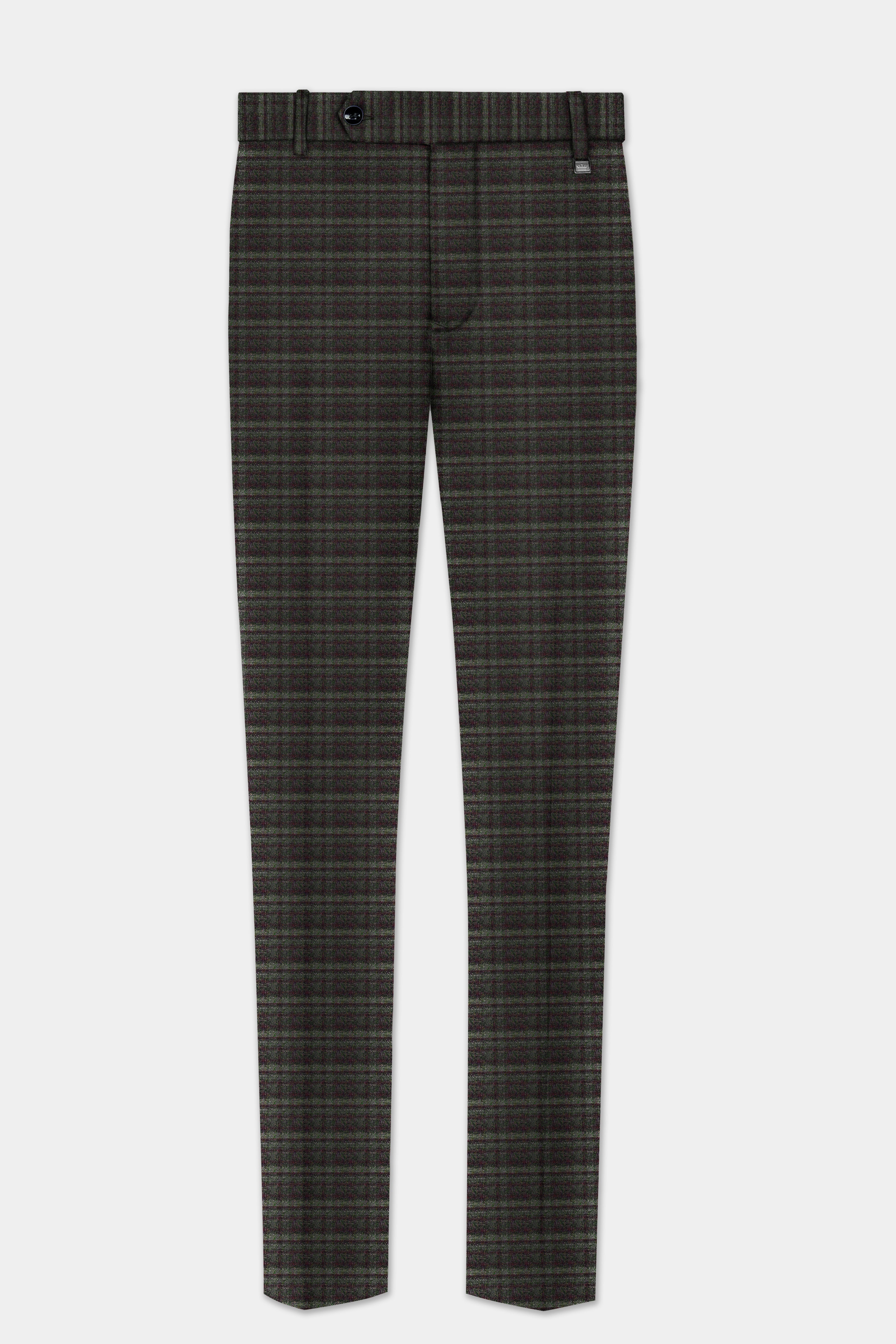 Zeus Brown And Lisbon Green Plaid Wool Rich Bandhgala Suit