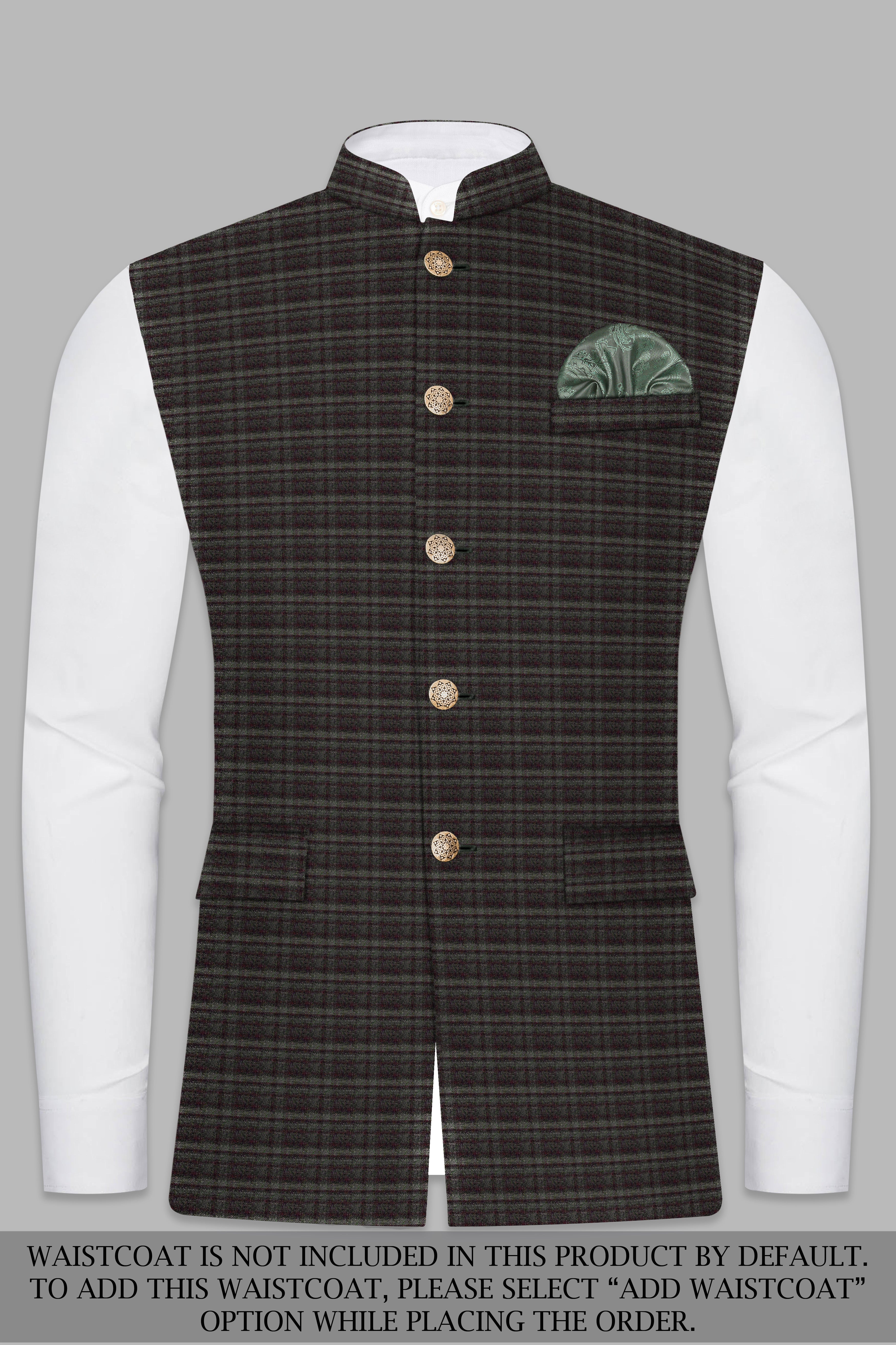 Zeus Brown And Lisbon Green Plaid Wool Rich Bandhgala Suit