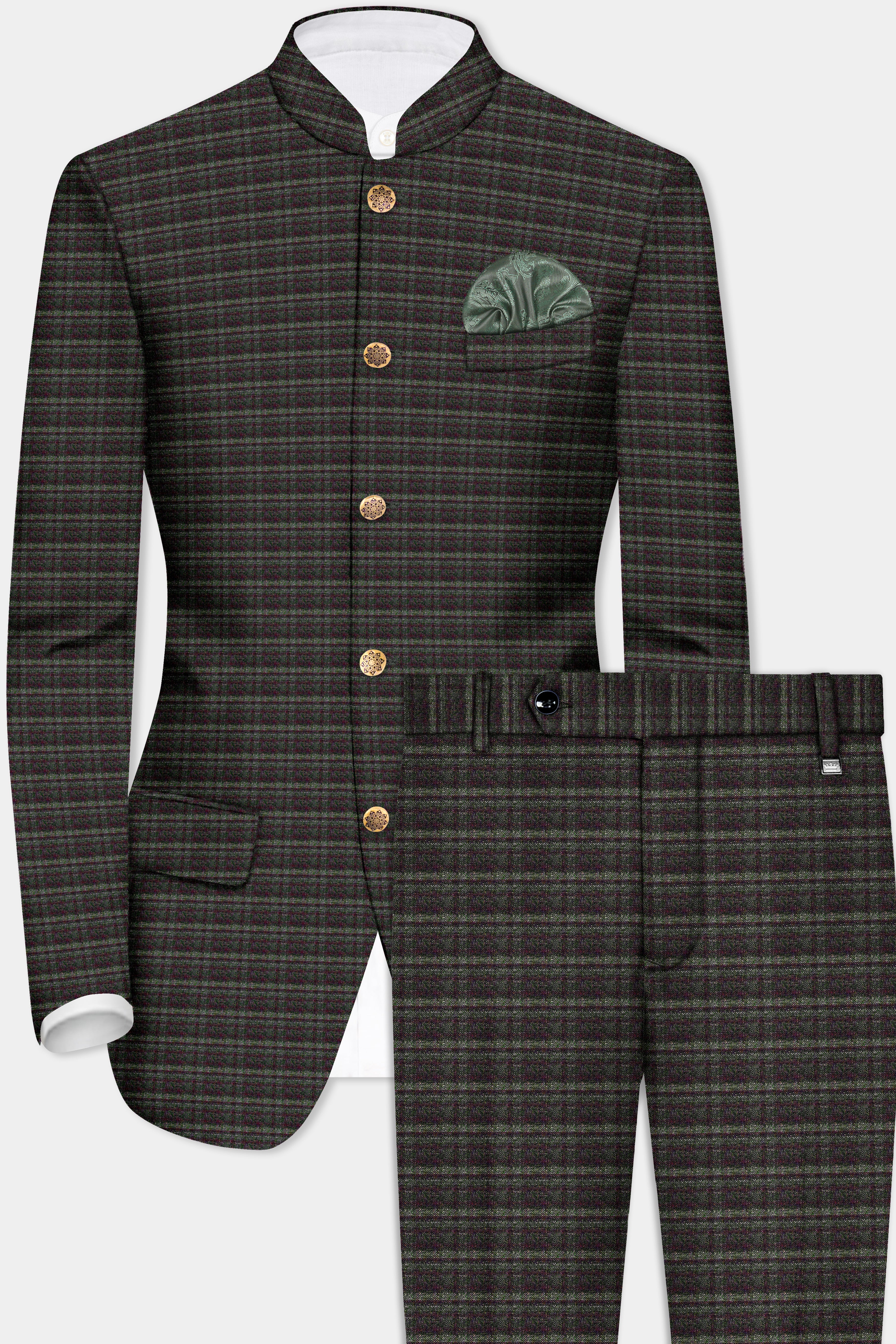 Zeus Gray And Lisbon Green Plaid Wool Rich Bandhgala Suit