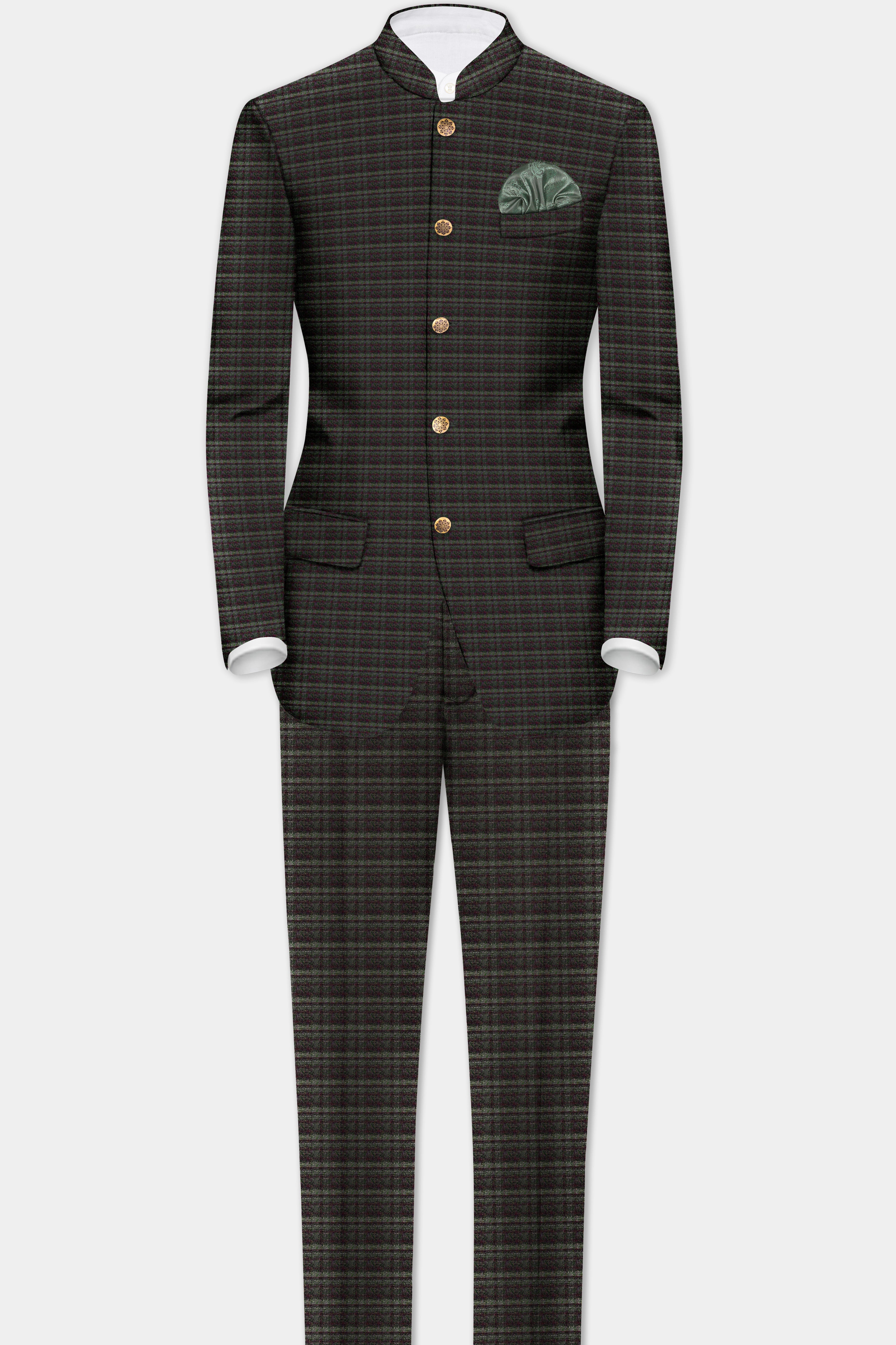 Zeus Brown And Lisbon Green Plaid Wool Rich Bandhgala Suit