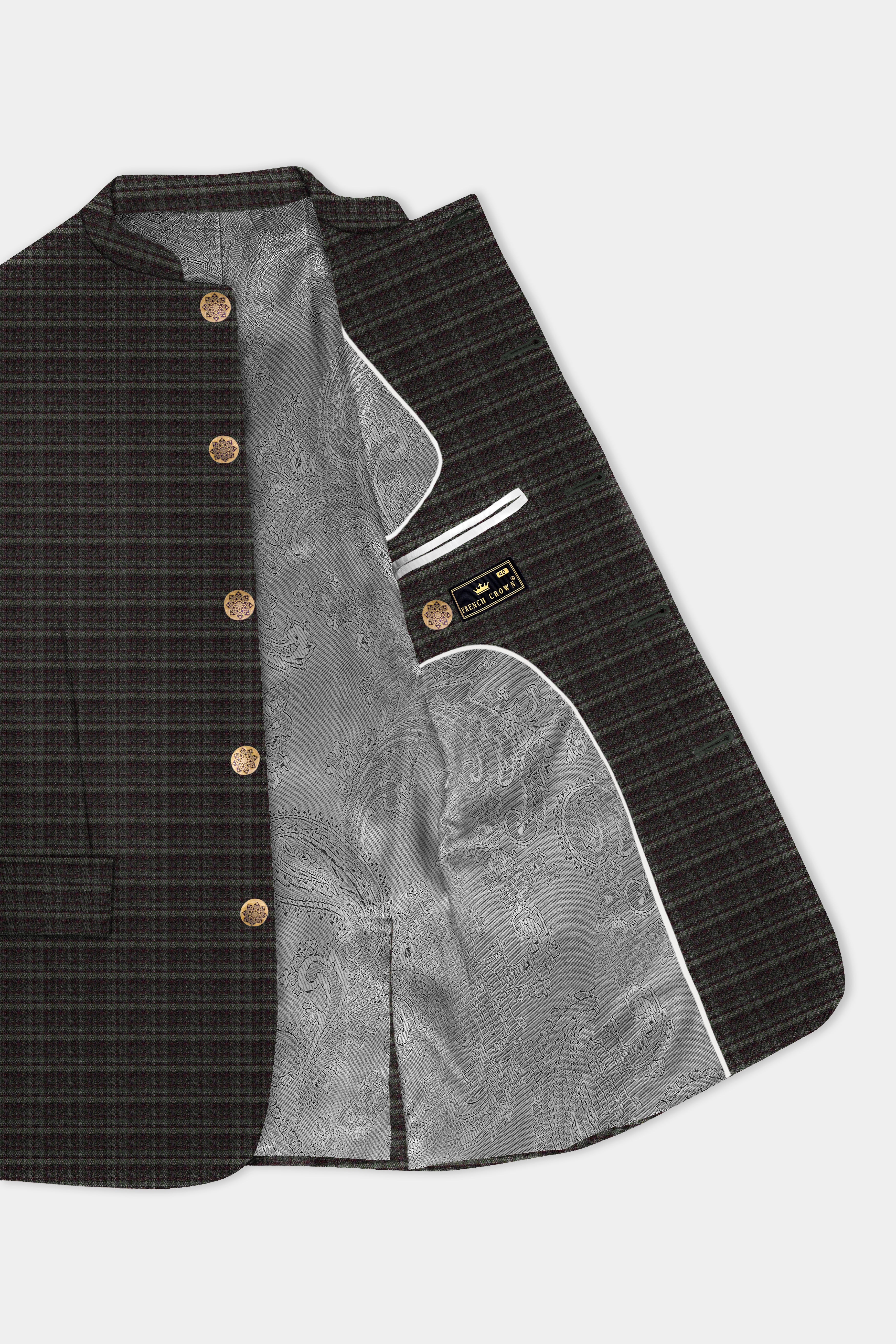 Zeus Brown And Lisbon Green Plaid Wool Rich Bandhgala Suit