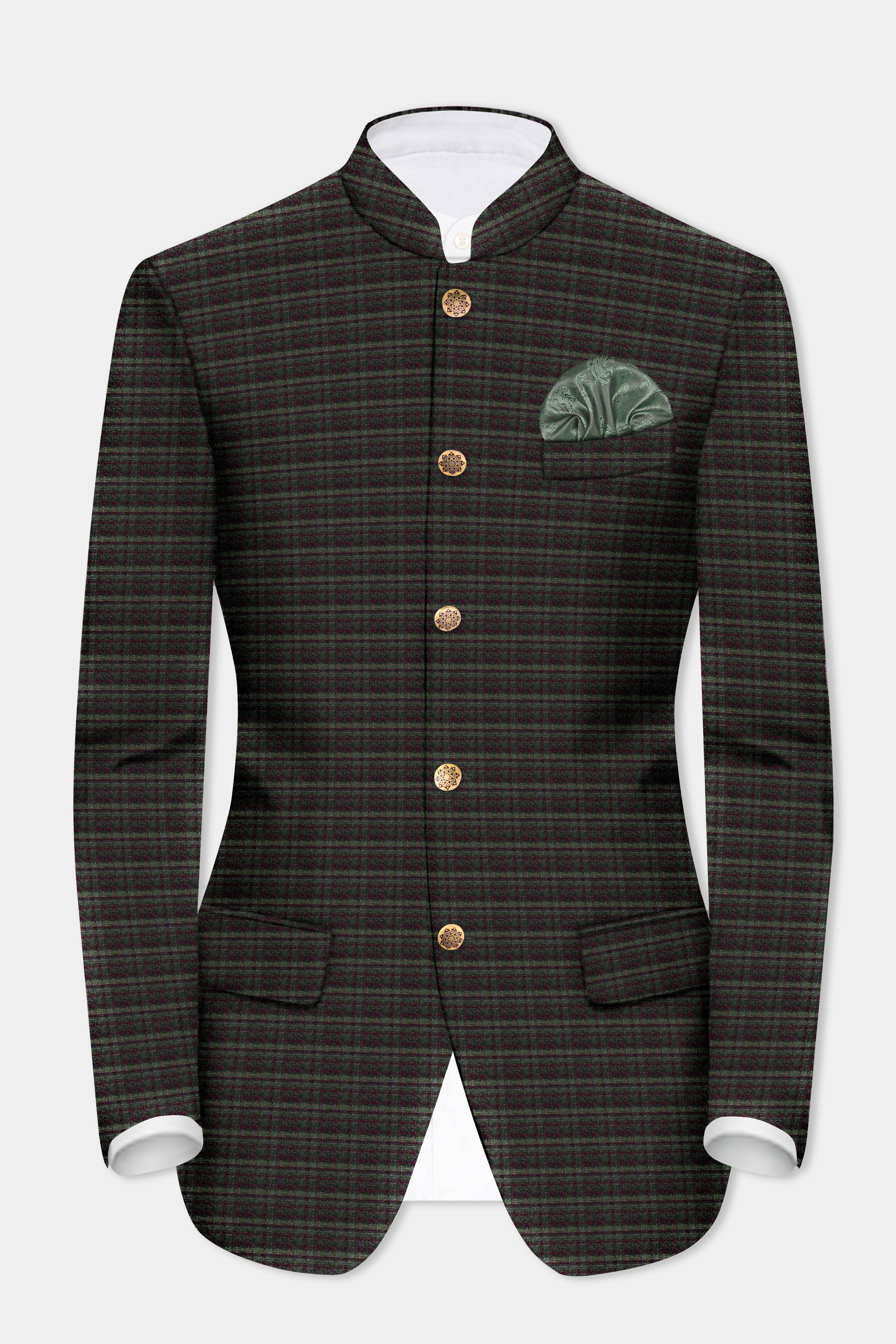 Zeus Brown And Lisbon Green Plaid Wool Rich Bandhgala Suit