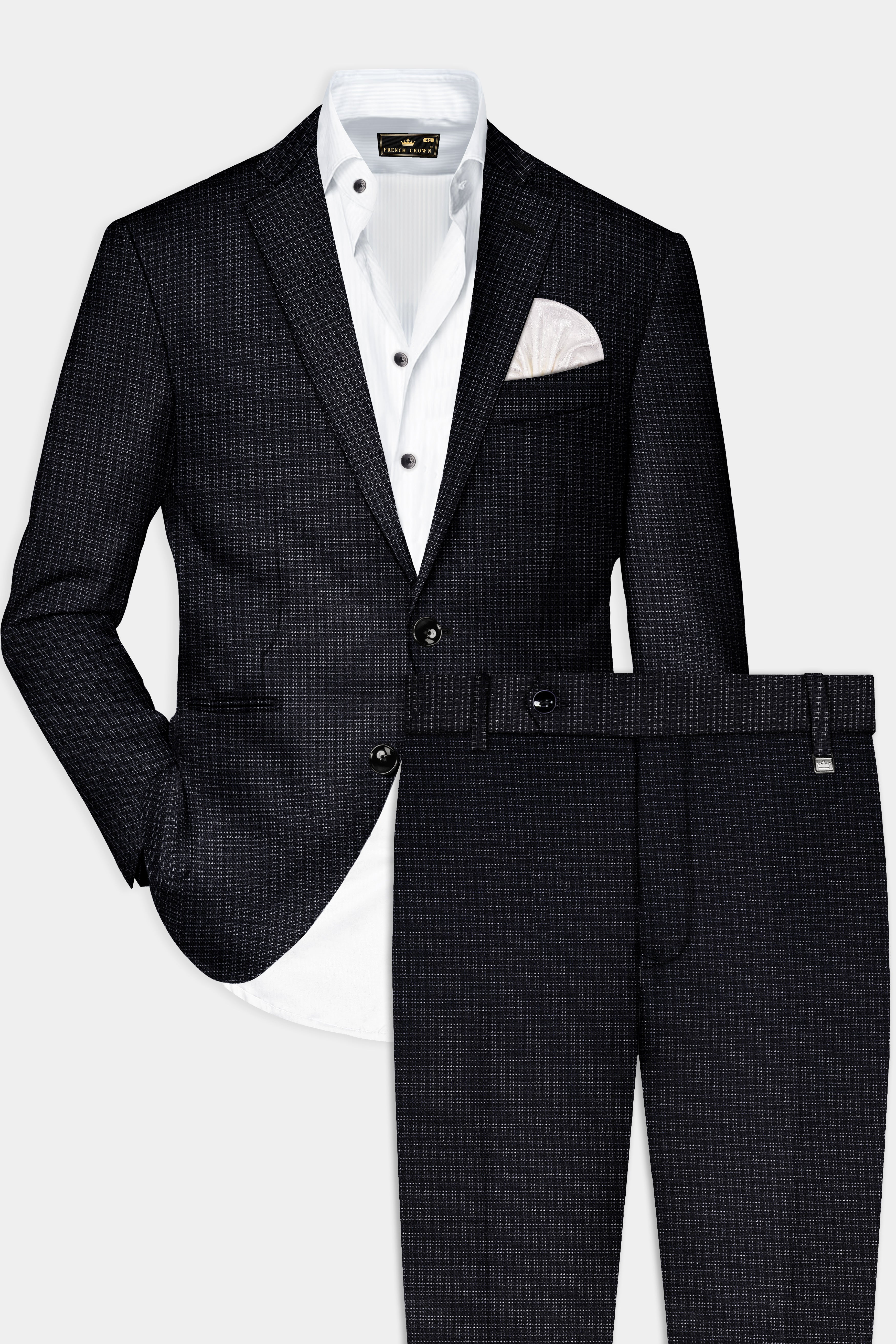 Bunker Black Printed Wool Rich Single Breasted Slim Lapel Suit