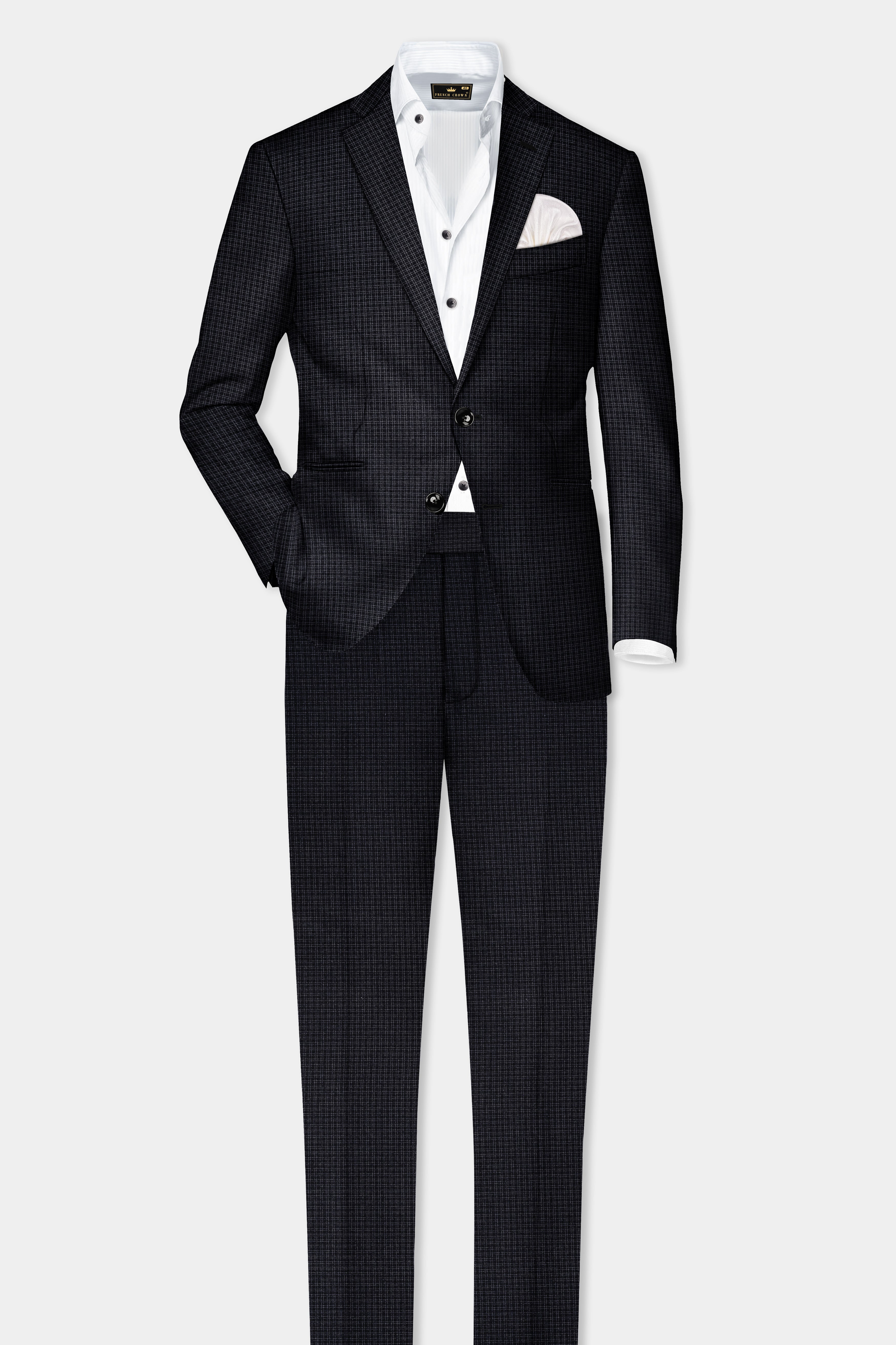 Bunker Black Printed Wool Rich Single Breasted Slim Lapel Suit