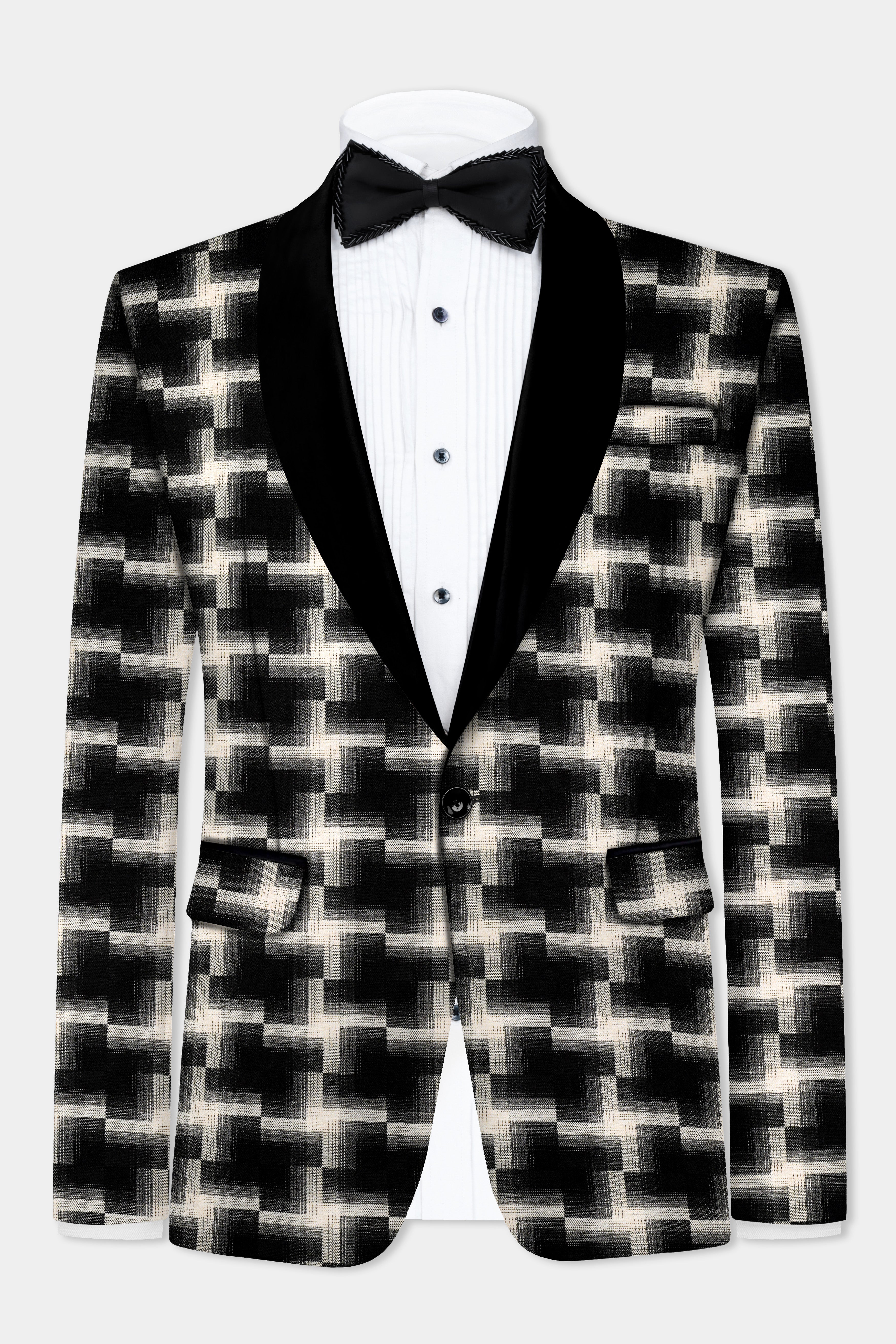 Jade Black And Almond Cream Printed Wool Rich Tuxedo Suit