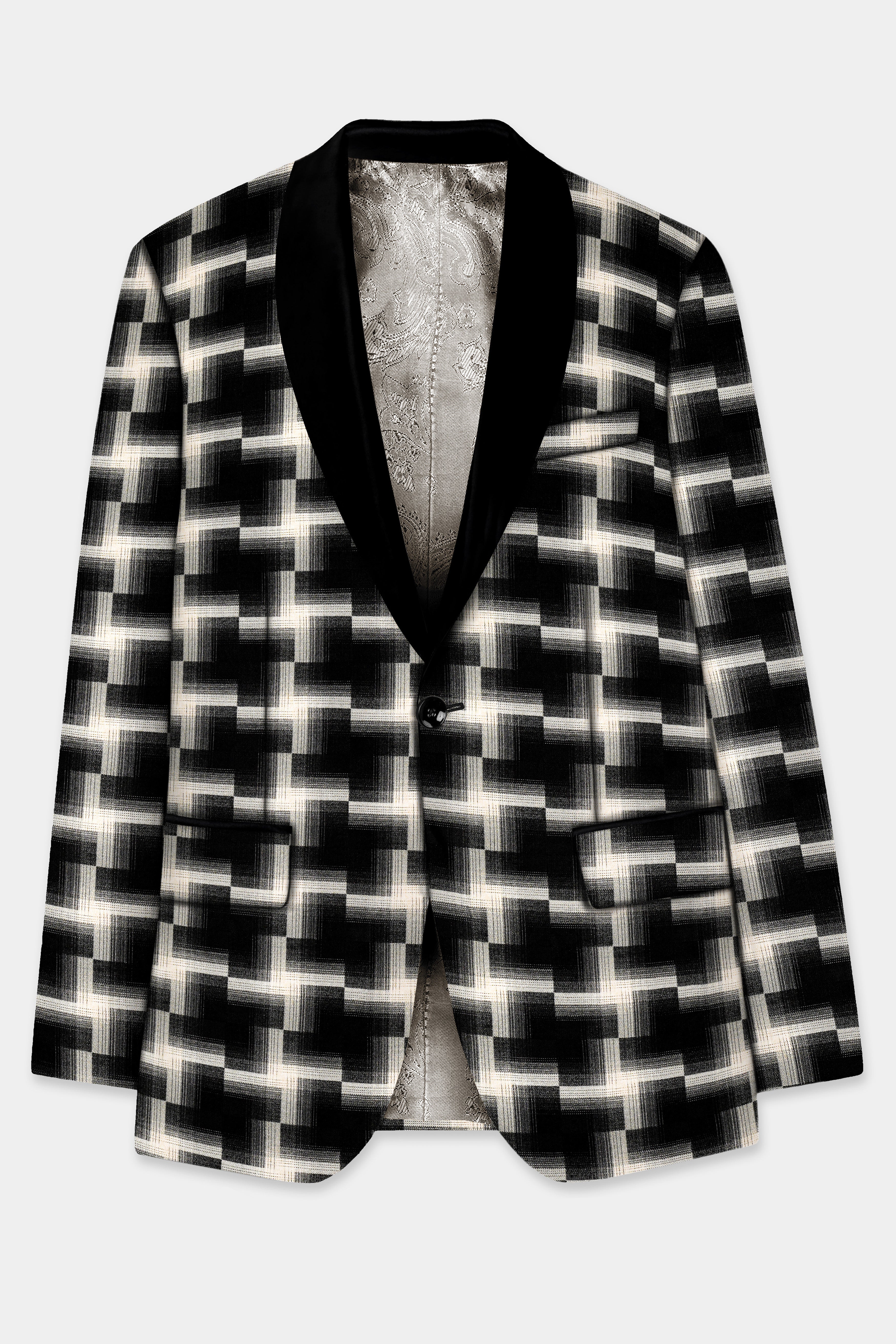 Jade Black And Almond Cream Printed Wool Rich Tuxedo Suit