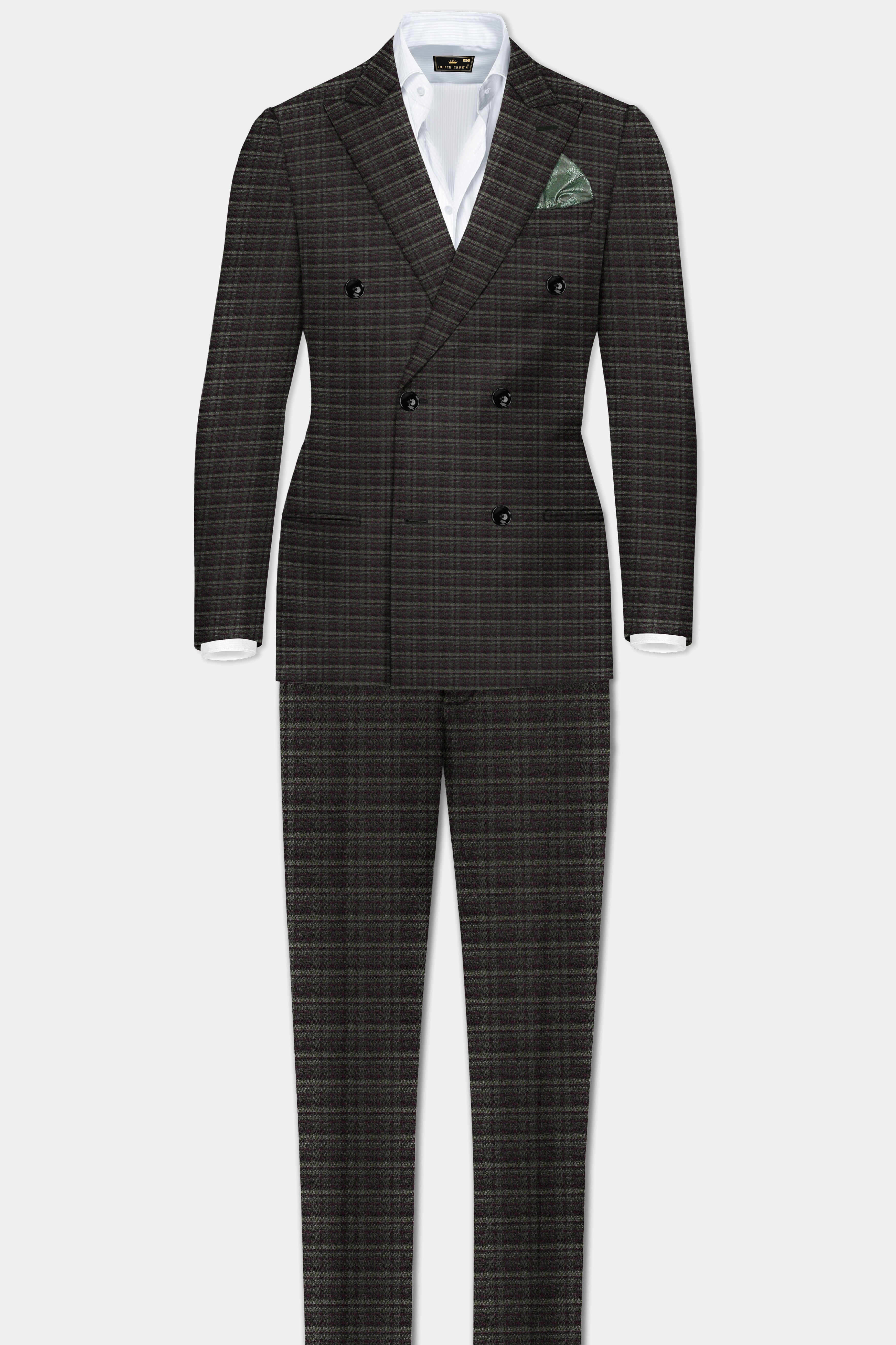 Zeus Brown And Lisbon Green Plaid Wool Rich Double Breasted Suit