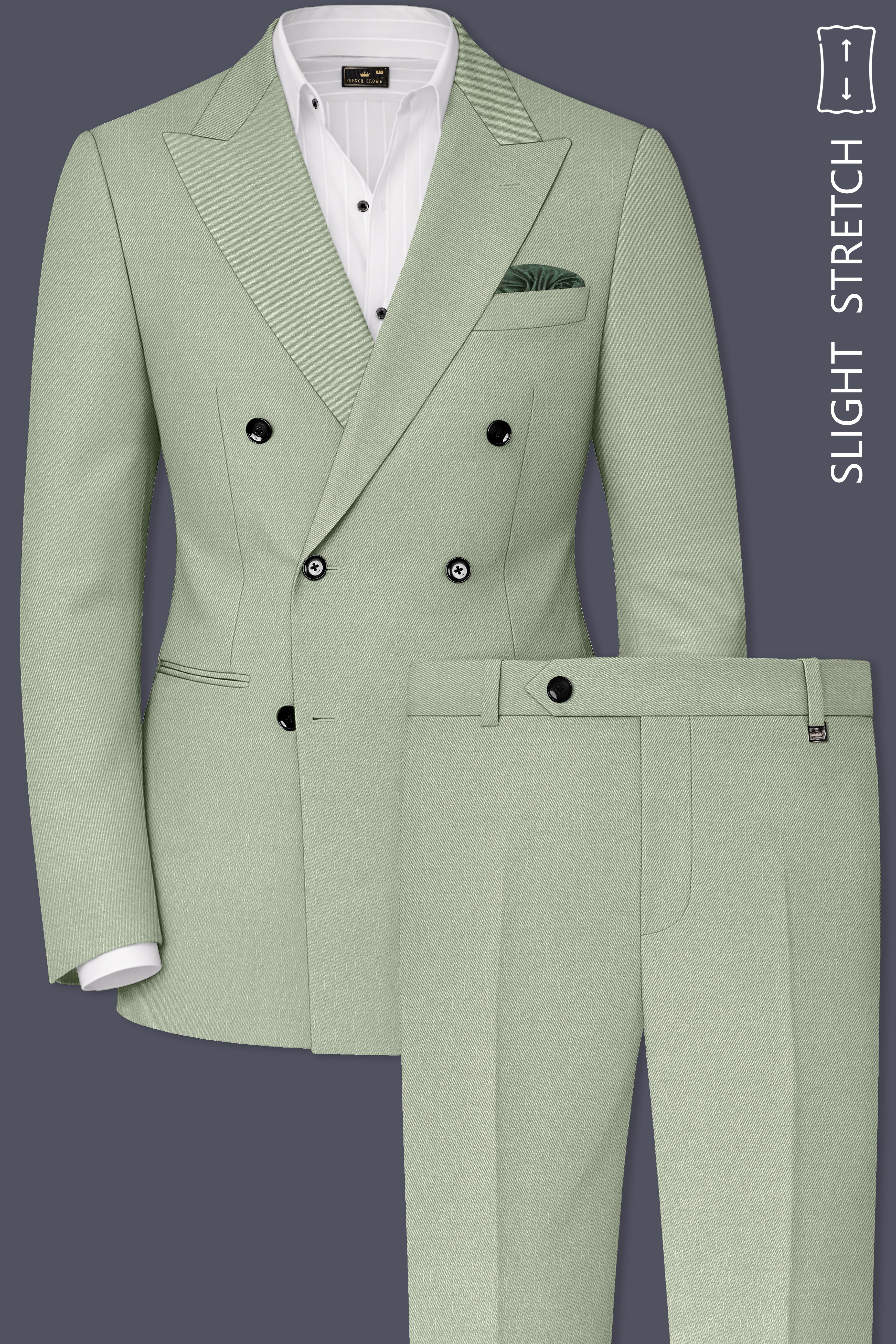 Spanish Green Solid Wool Rich Double Breasted Slight Stretch Suit