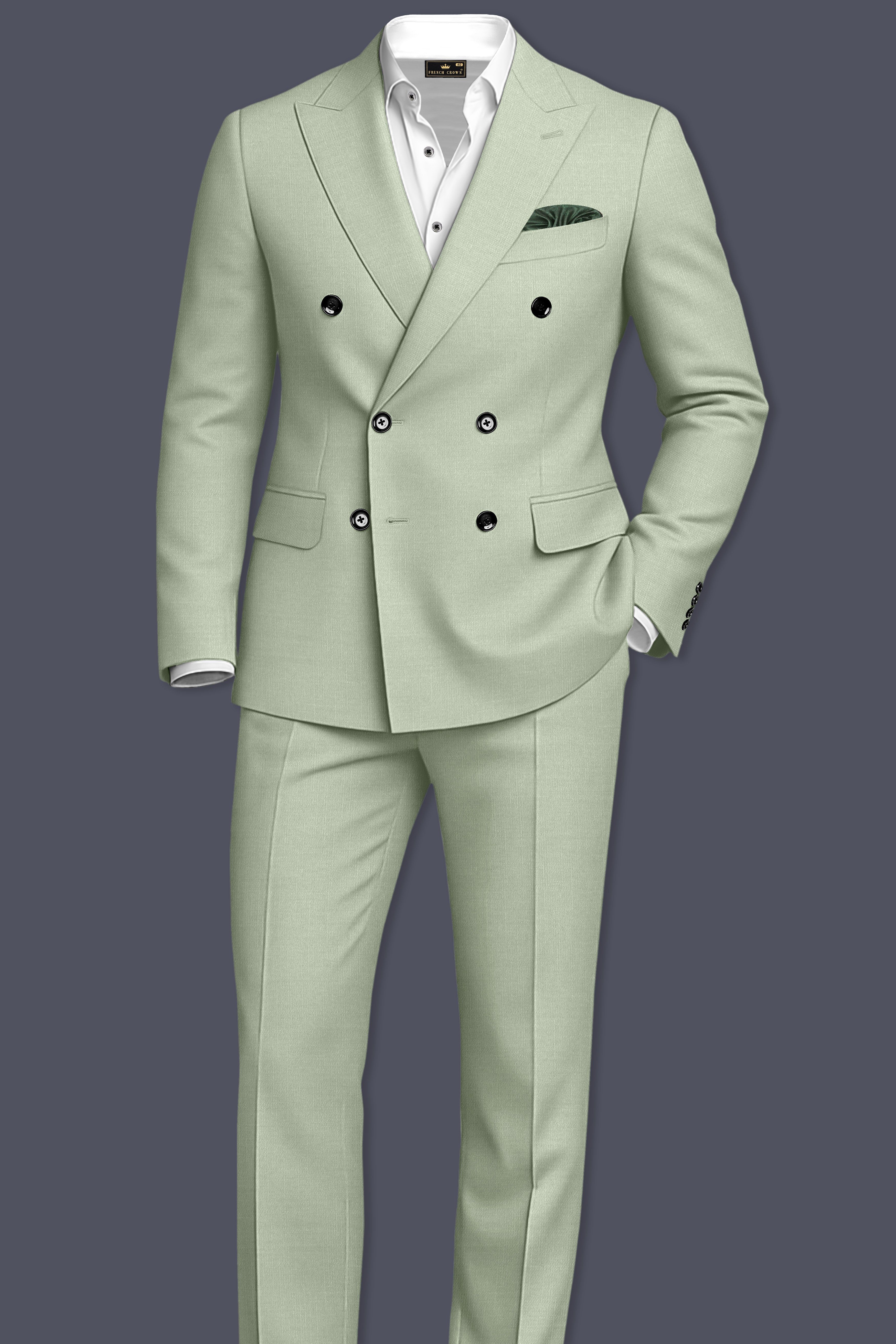 Spanish Green Solid Wool Rich Double Breasted Slight Stretch Suit