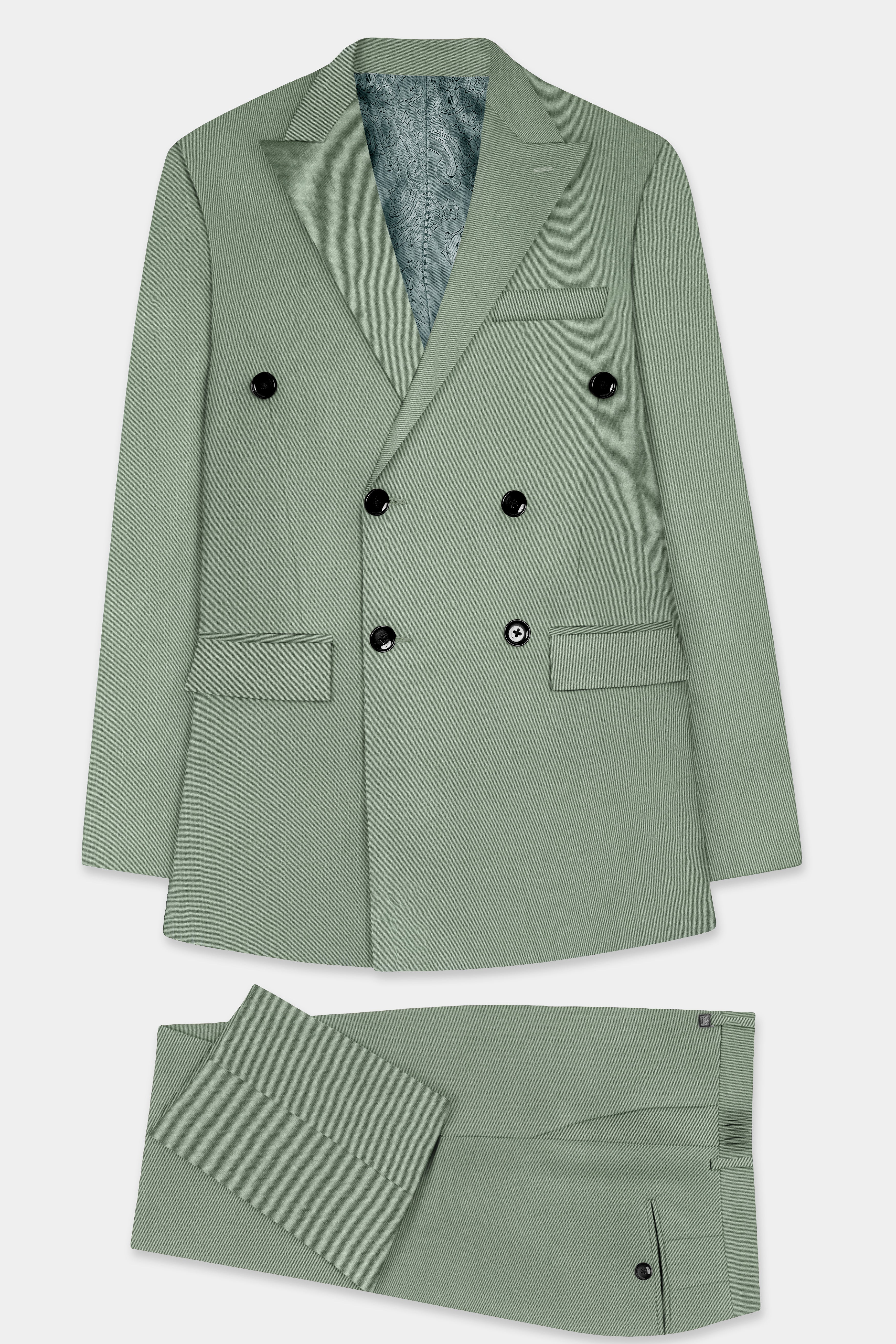 Spanish Green Solid Wool Rich Double Breasted Suit