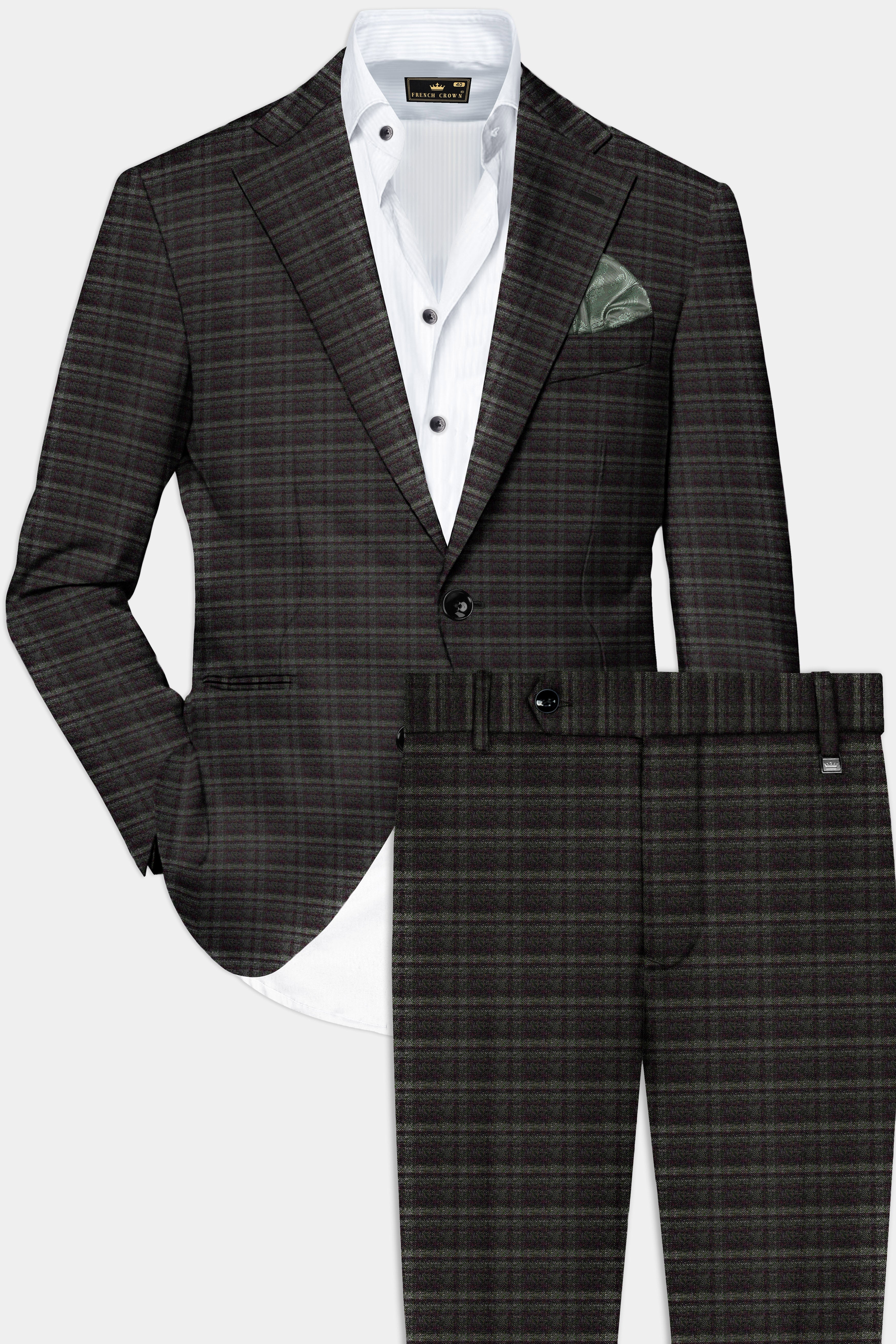 Zeus Gray And Lisbon Green Plaid Wool Rich Single Breasted Suit