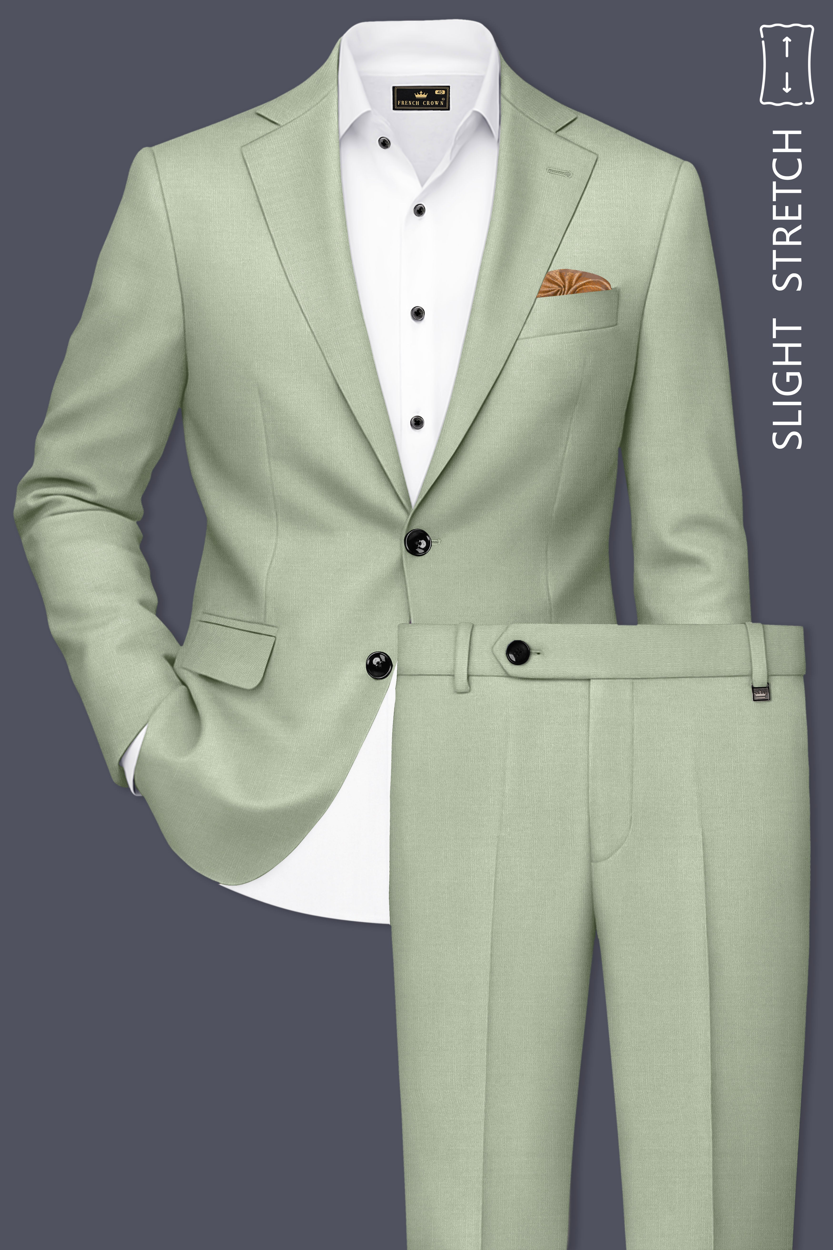 Spanish Green Solid Wool Rich Single Breasted Slight Stretch Suit