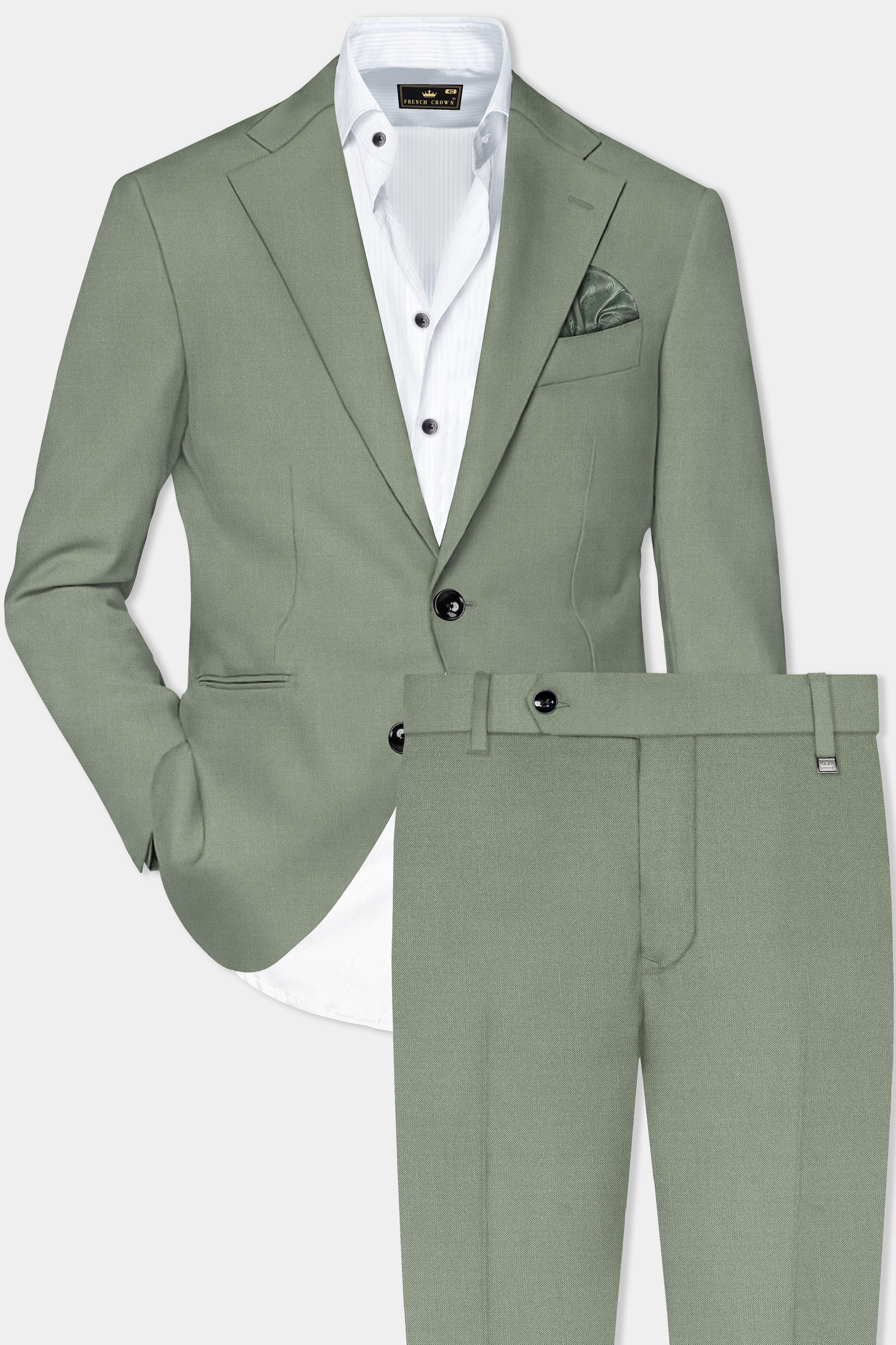 Spanish Green Solid Wool Rich Single Breasted Suit