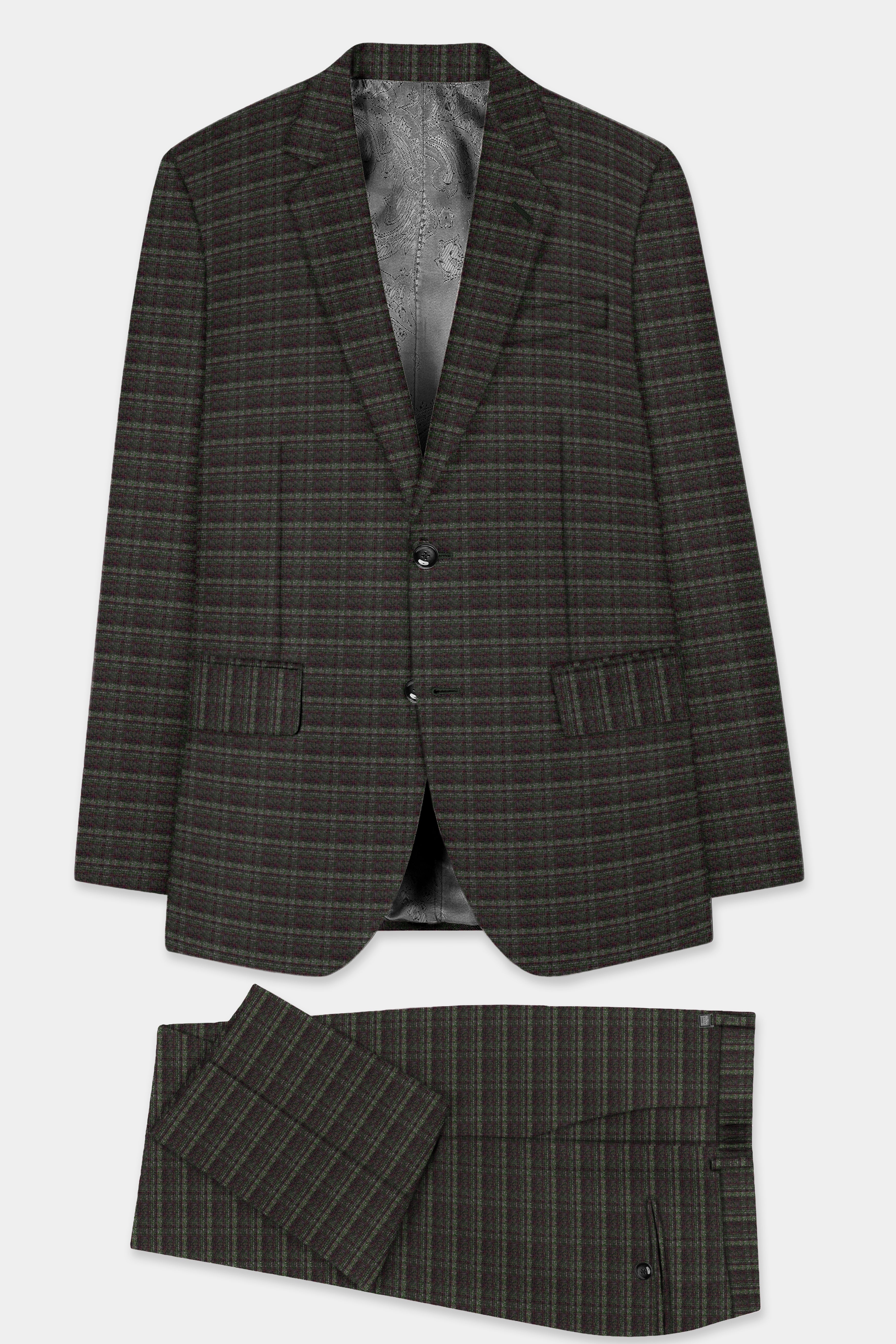 Zeus Brown And Lisbon Green Plaid Wool Rich Single Breasted Slim Lapel Suit