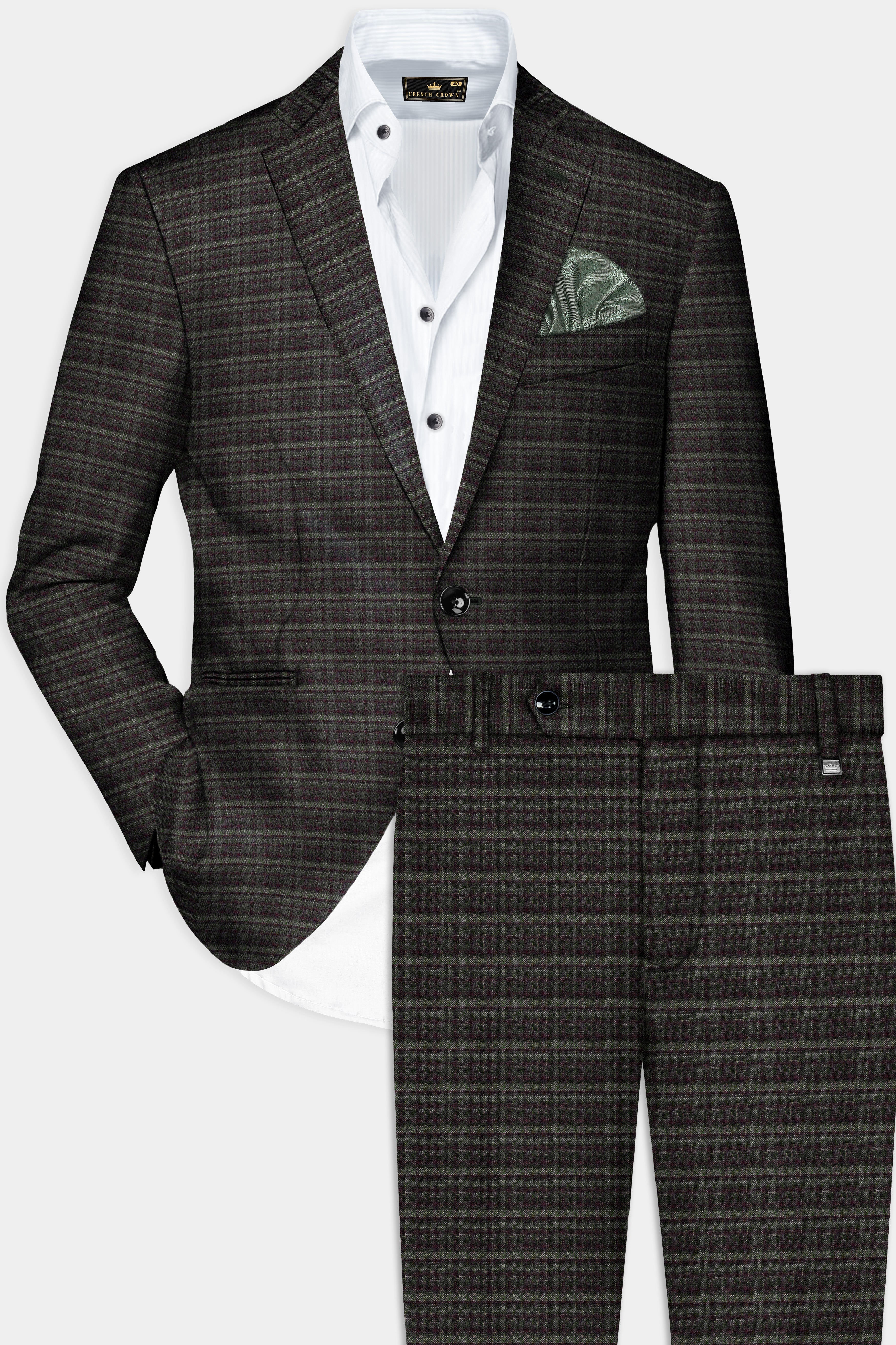 Zeus Gray And Lisbon Green Plaid Wool Rich Single Breasted Slim Lapel Suit