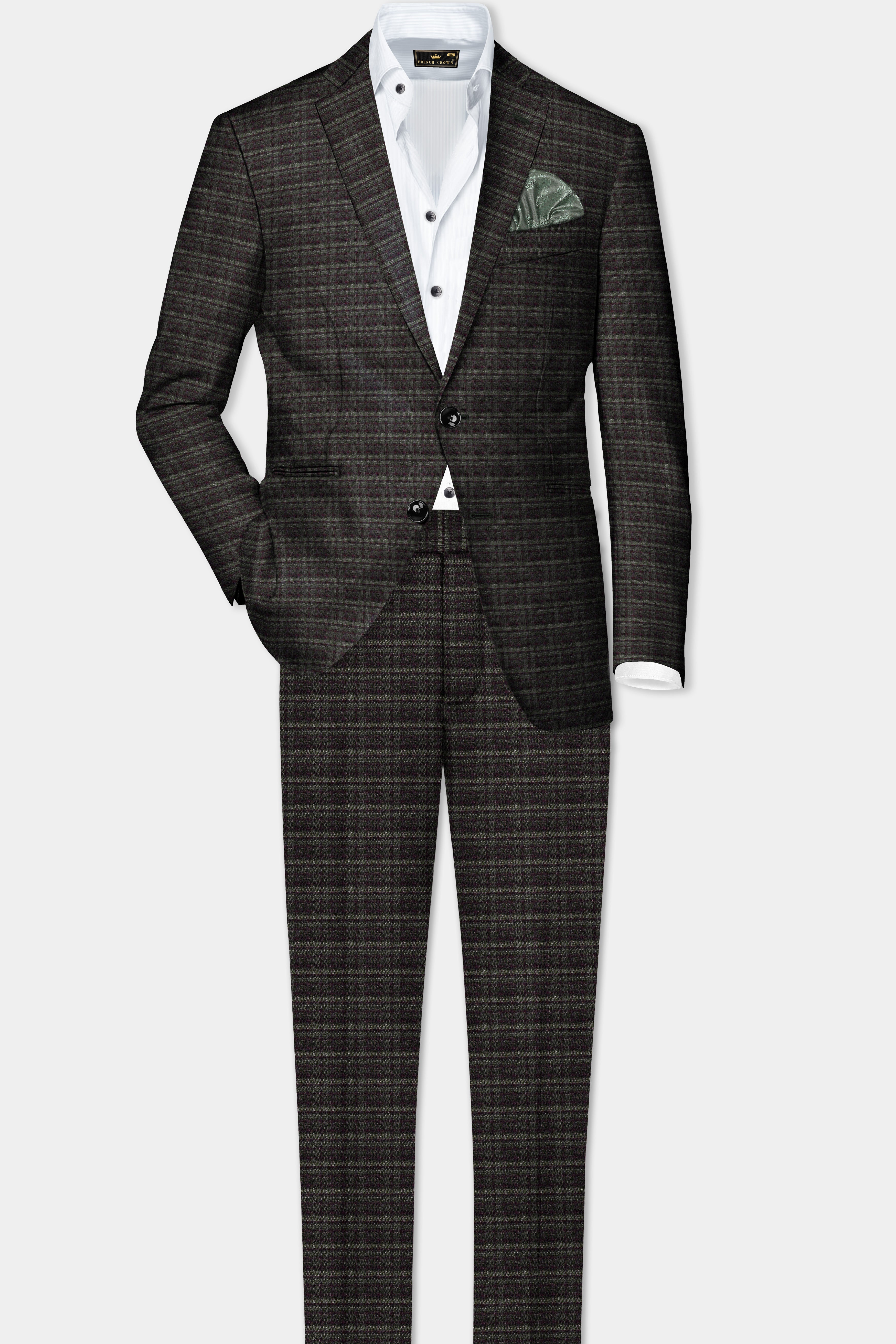 Zeus Brown And Lisbon Green Plaid Wool Rich Single Breasted Slim Lapel Suit