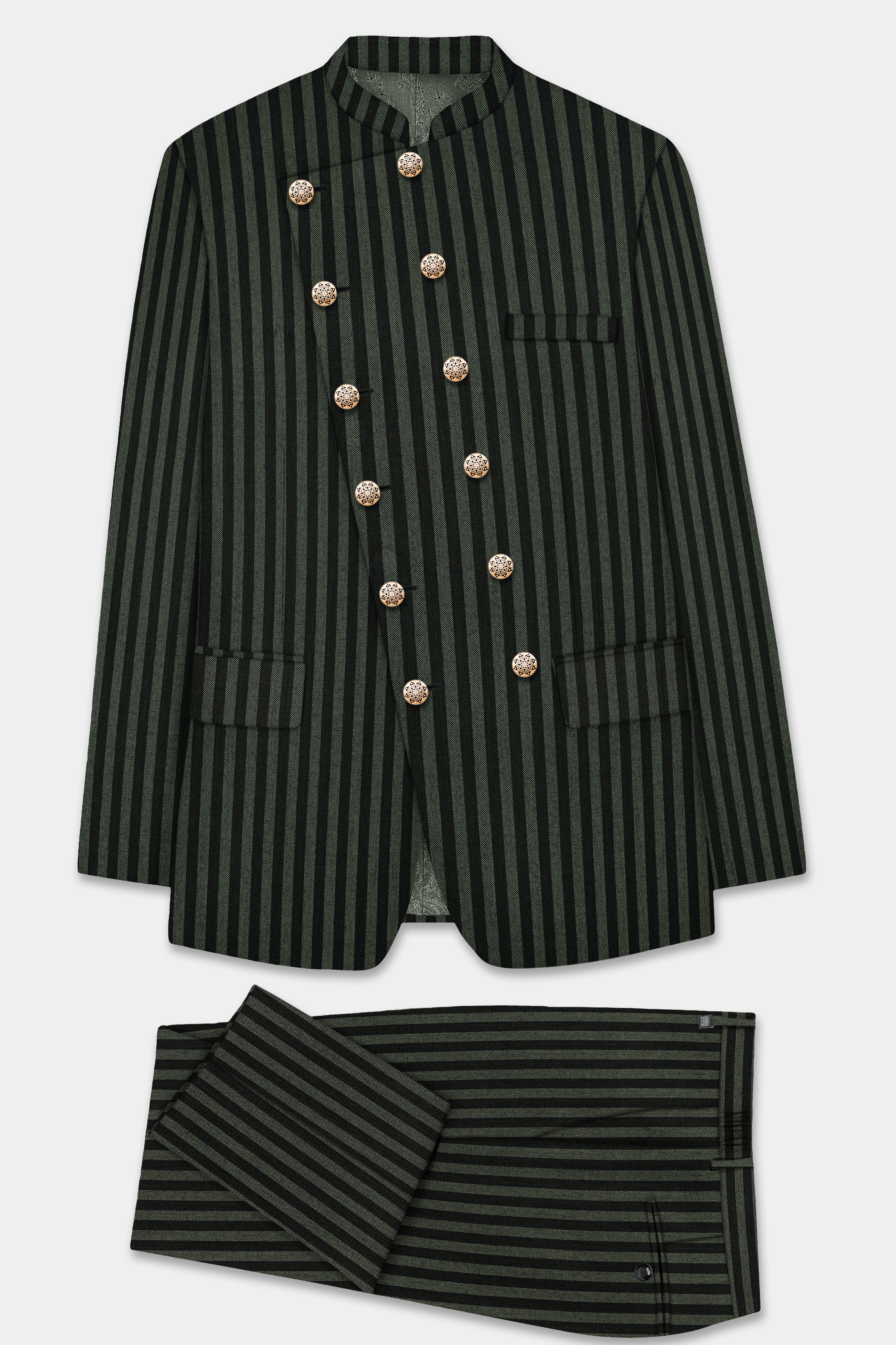 Racing Green And Jade Black Striped Wool Rich Cross Placket Bandhgala Suit