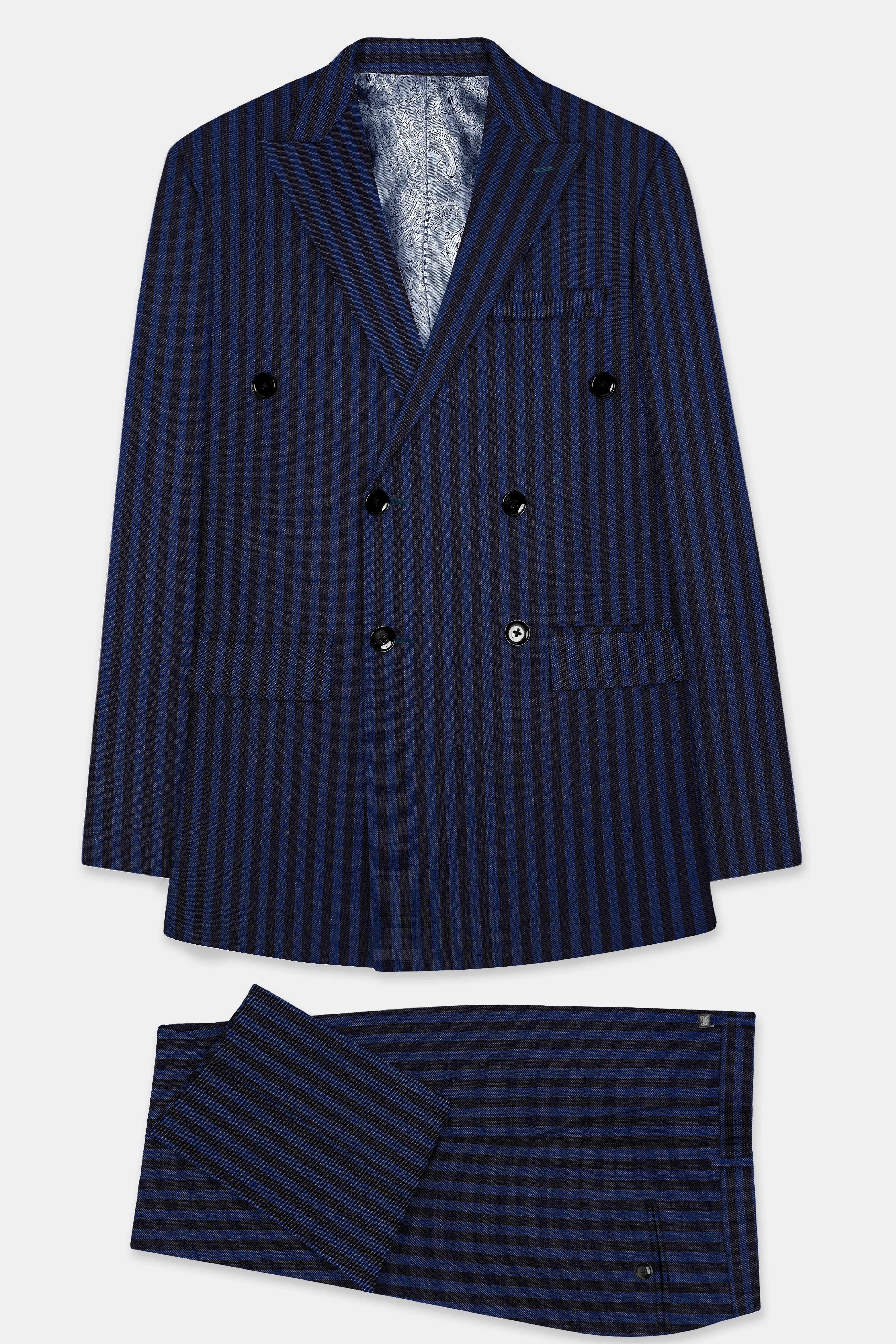 Royal Blue And Jade Black Striped Wool Rich Double Breasted Suit