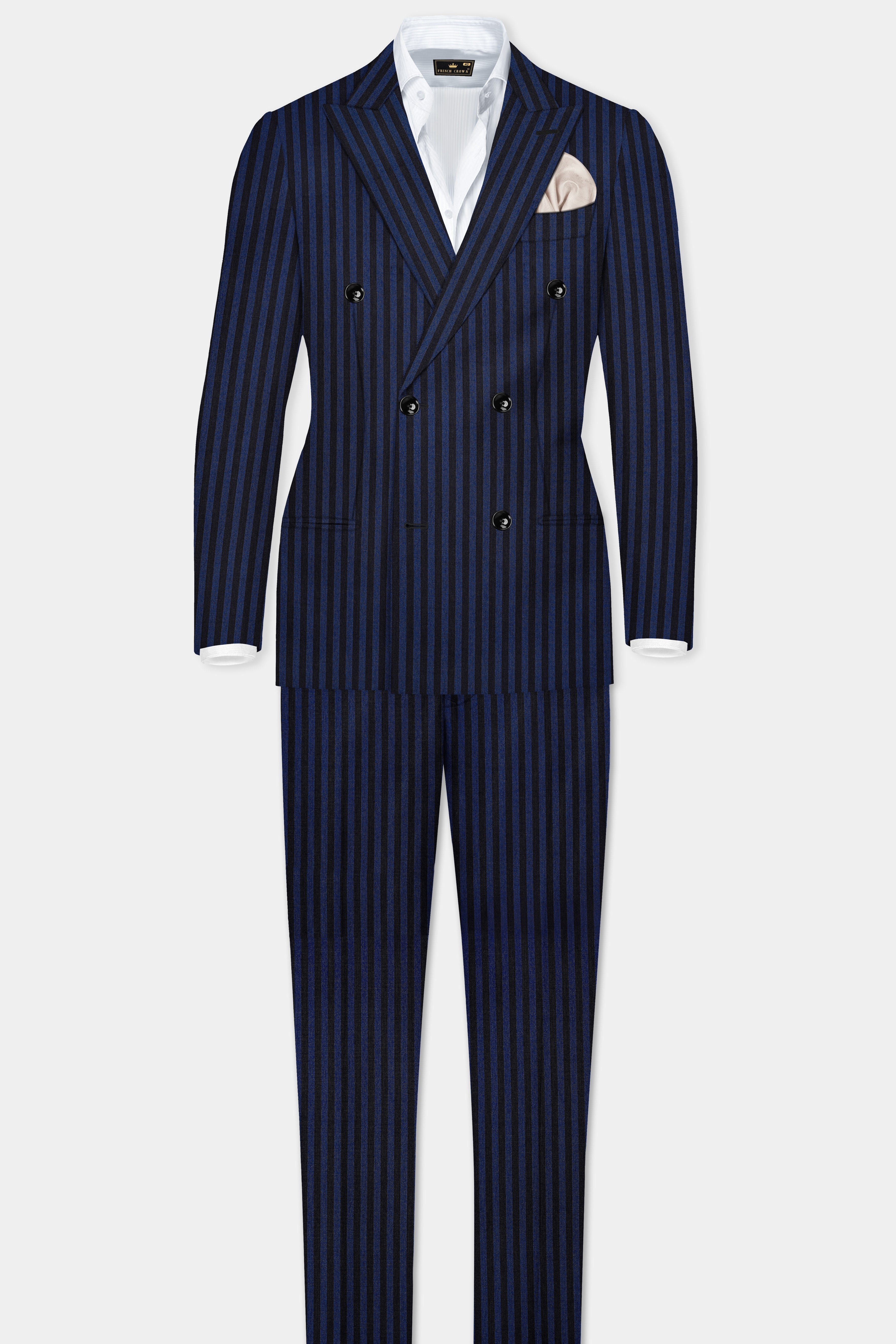 Royal Blue And Jade Black Striped Wool Rich Double Breasted Suit