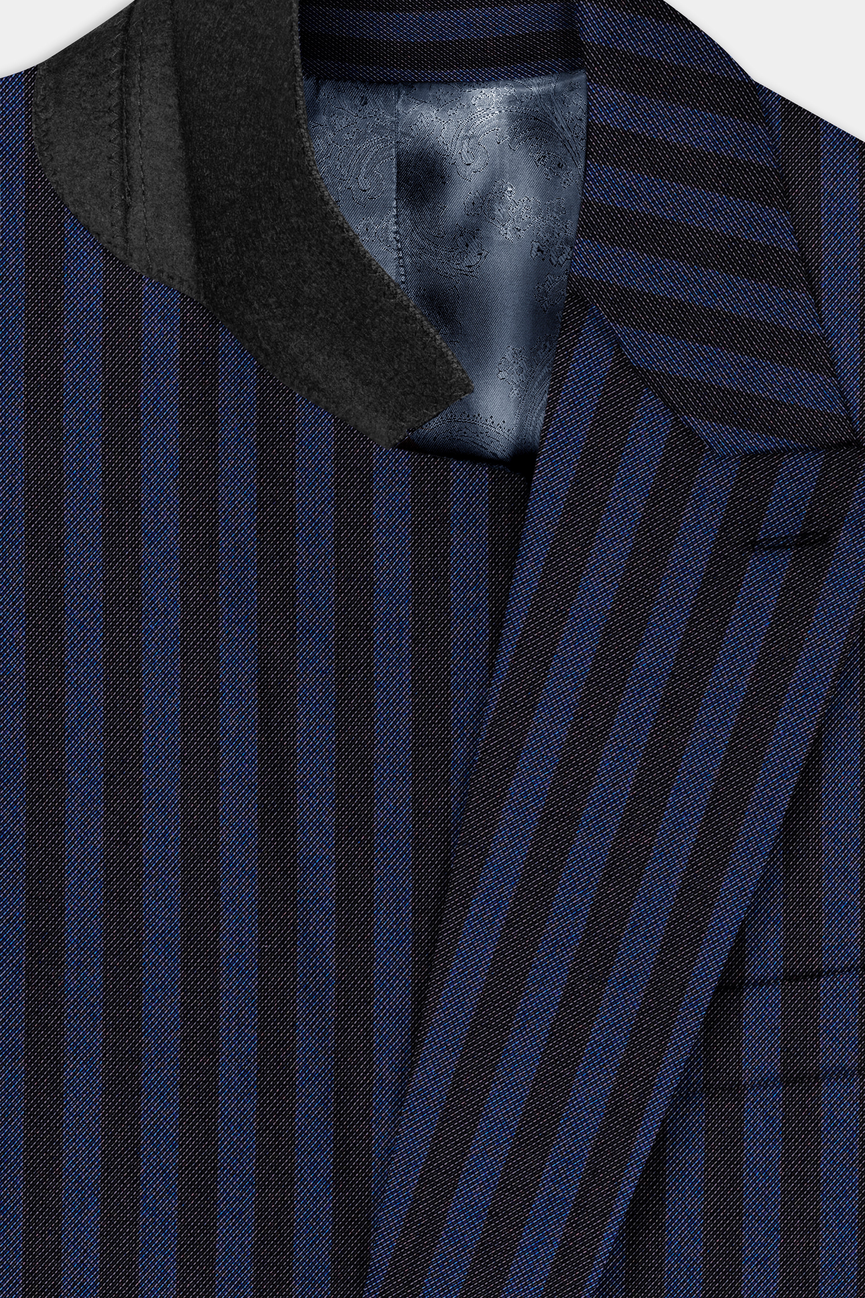 Royal Blue And Jade Black Striped Wool Rich Double Breasted Suit