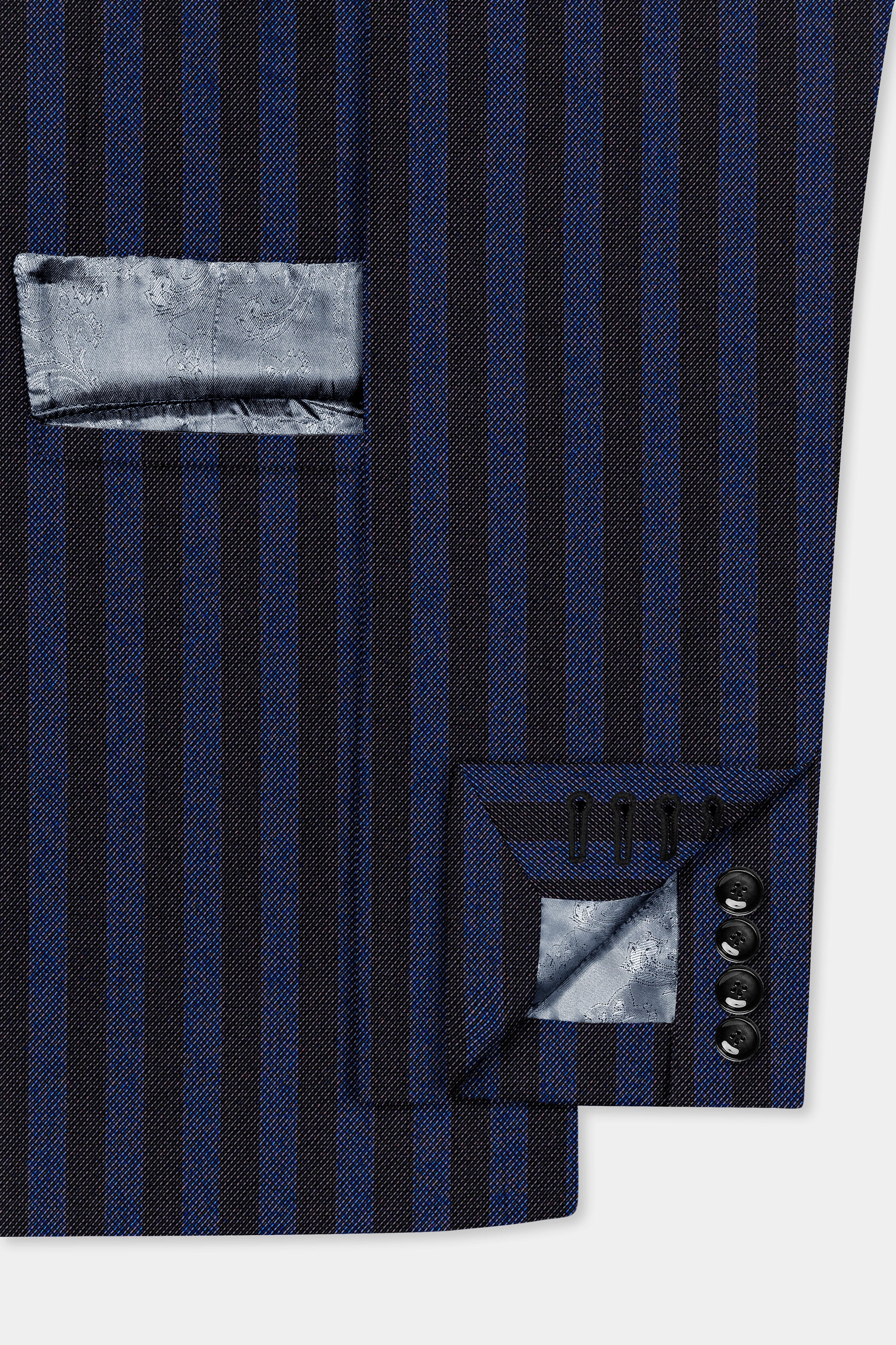 Royal Blue And Jade Black Striped Wool Rich Double Breasted Suit