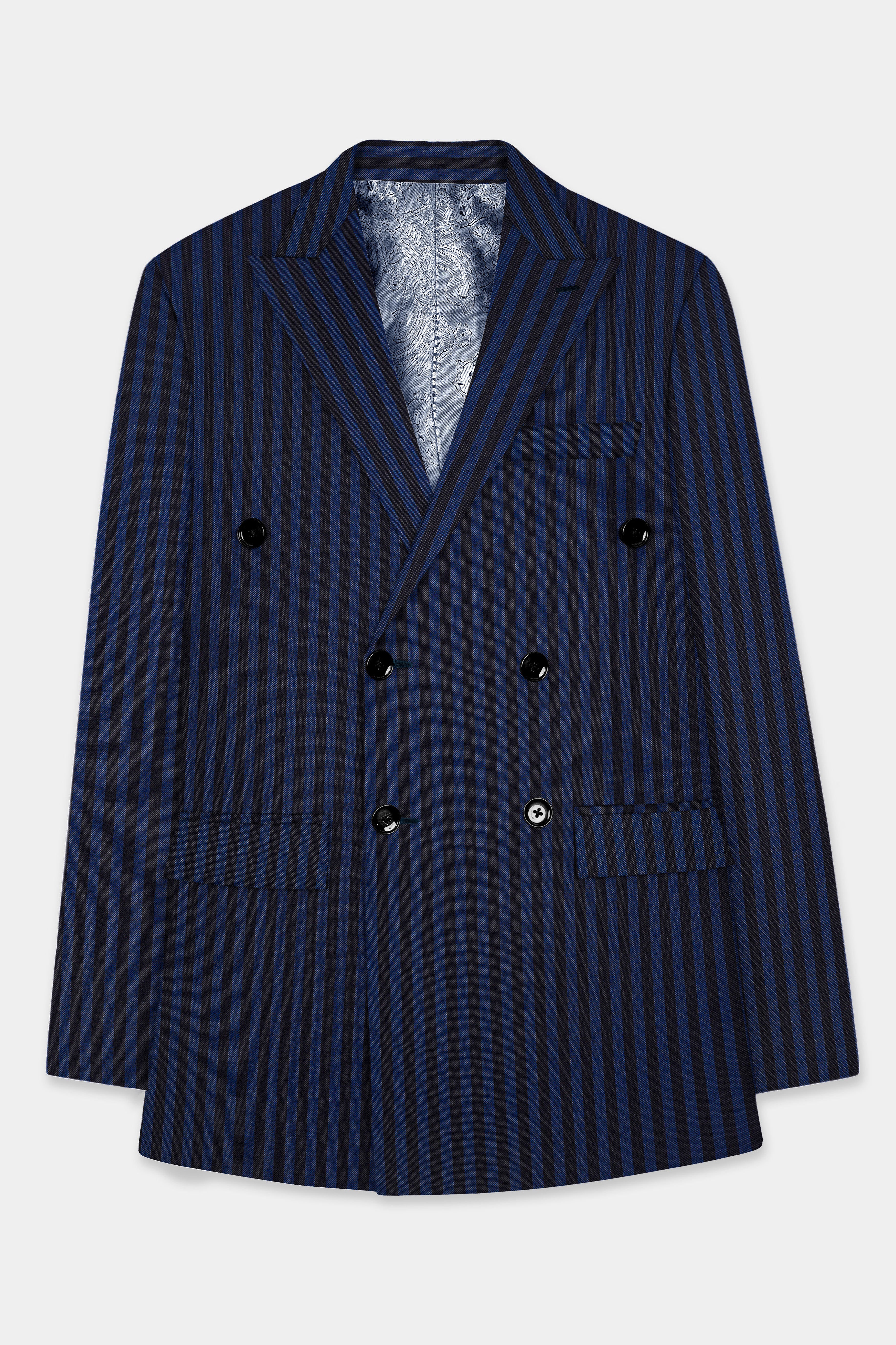 Royal Blue And Jade Black Striped Wool Rich Double Breasted Suit