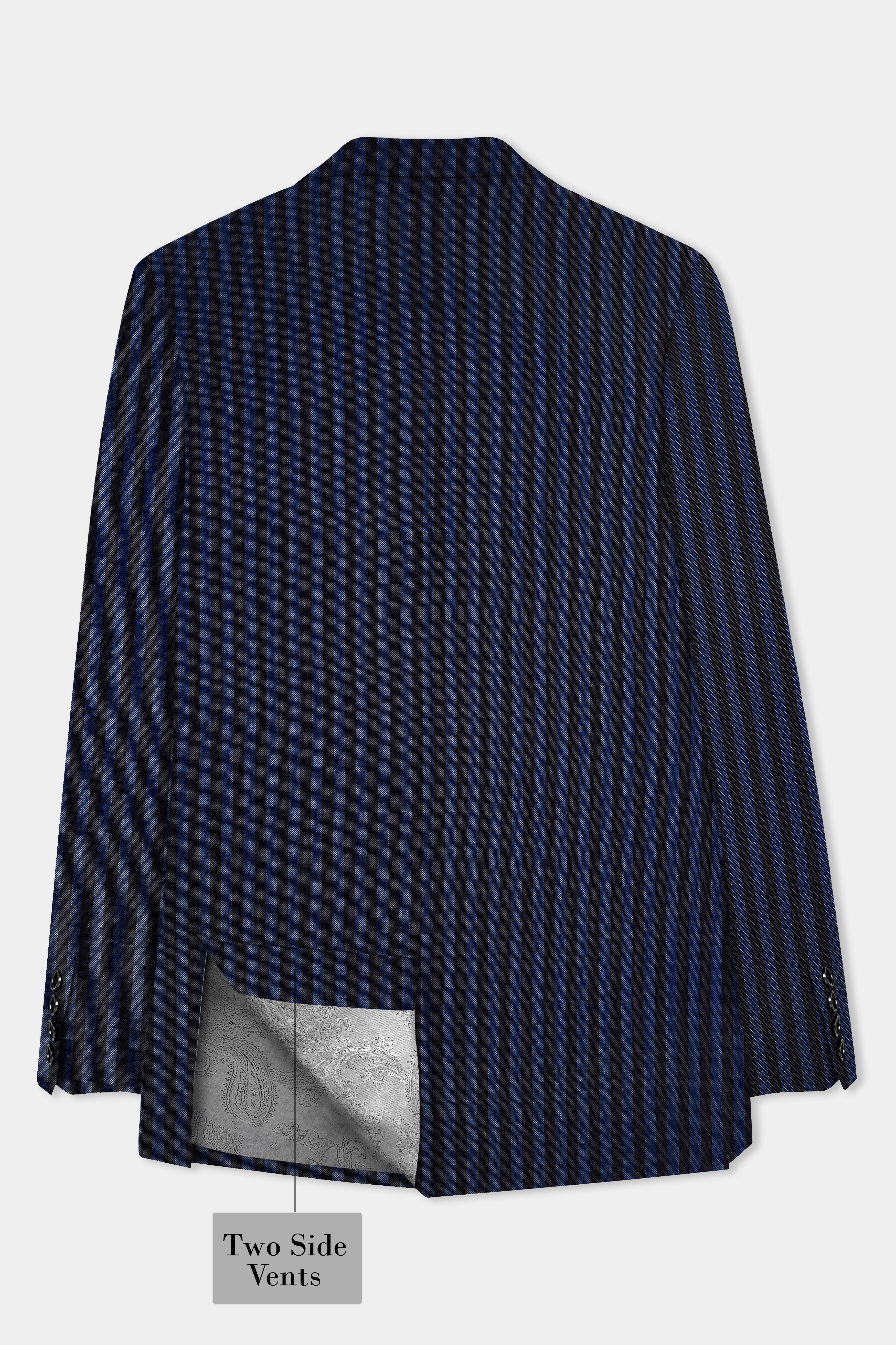 Royal Blue And Jade Black Striped Wool Rich Double Breasted Suit