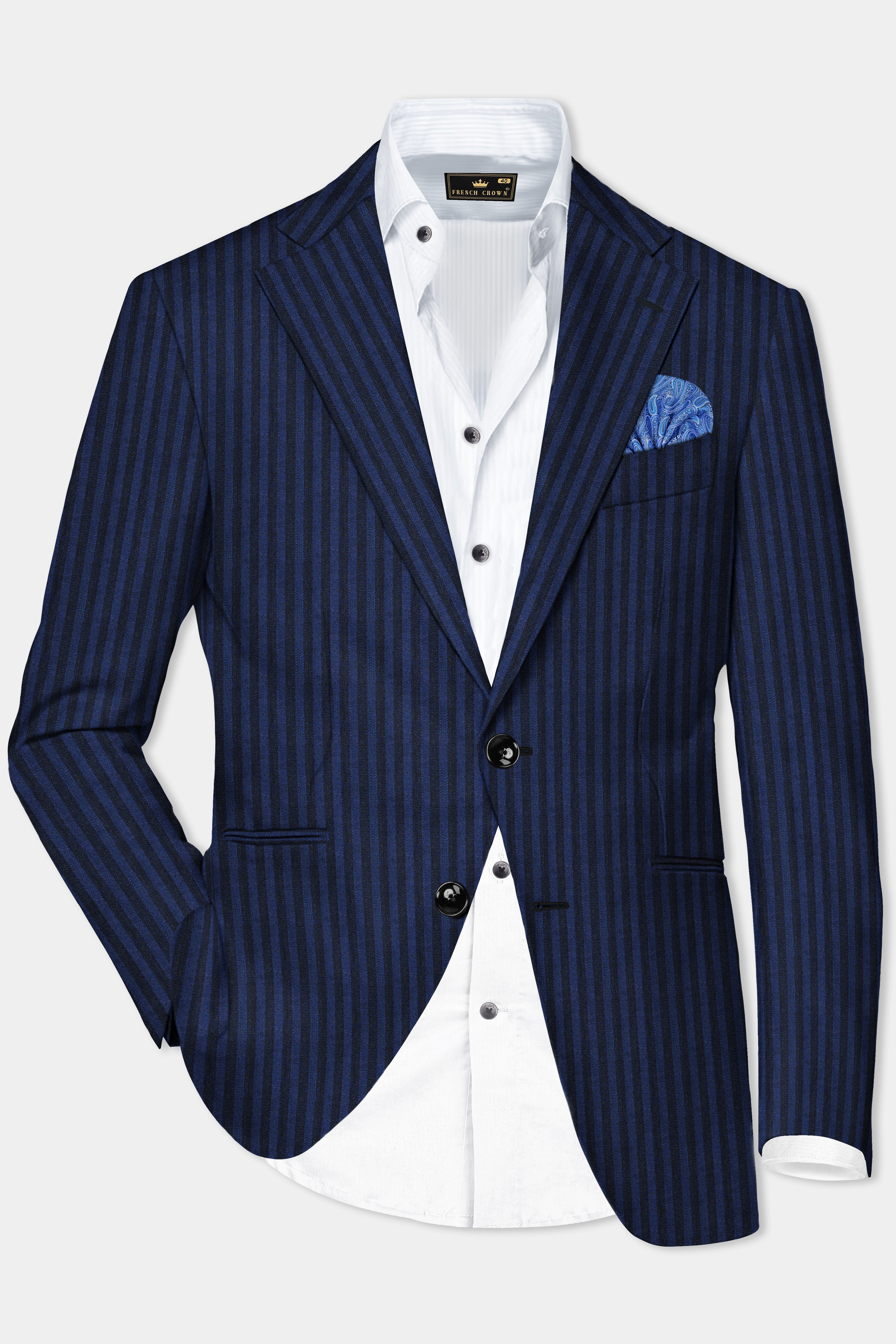 Biscay Blue And Jade Black Striped Wool Rich Single Breasted Suit