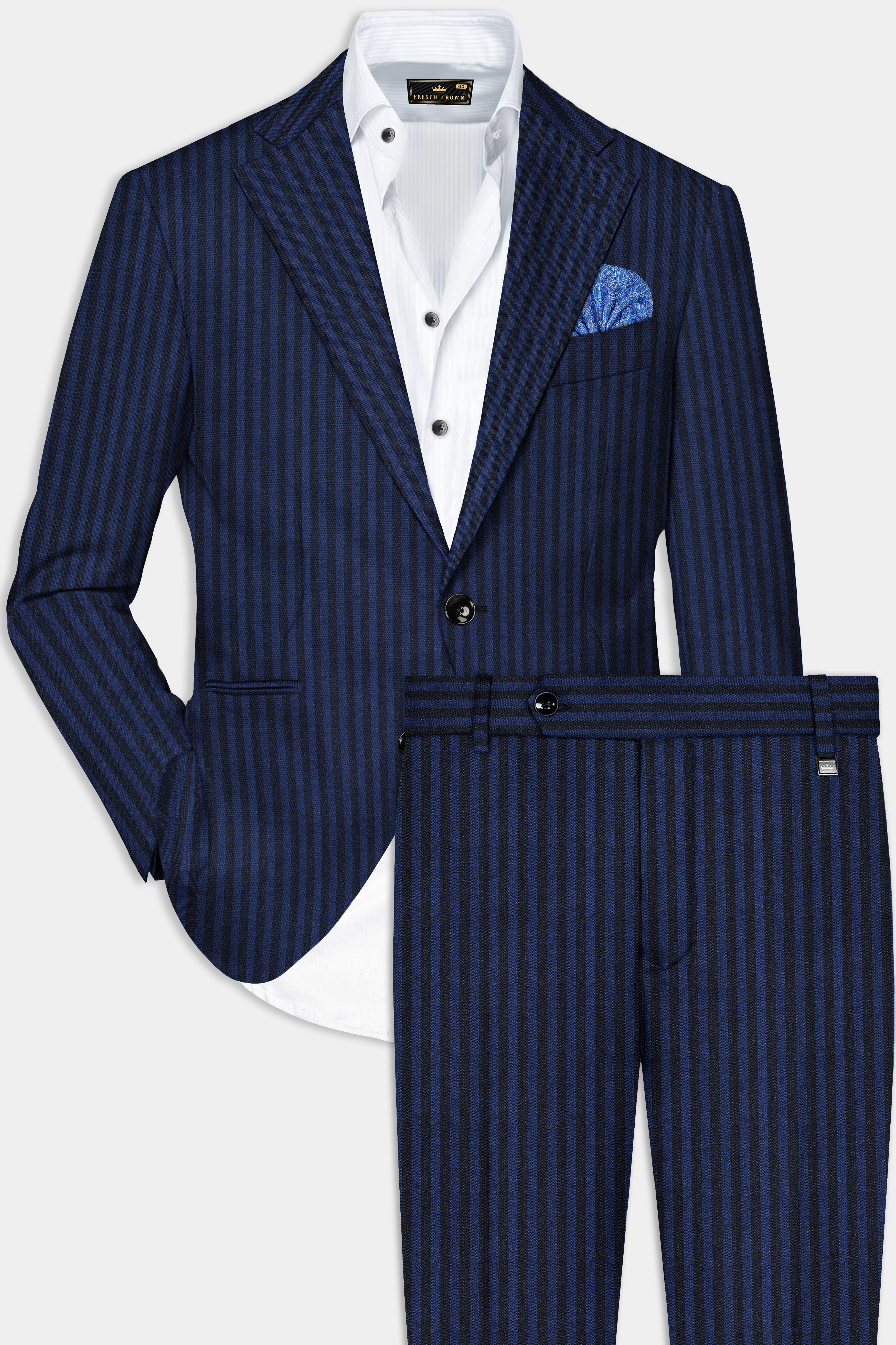 Biscay Blue And Jade Black Striped Wool Rich Single Breasted Suit