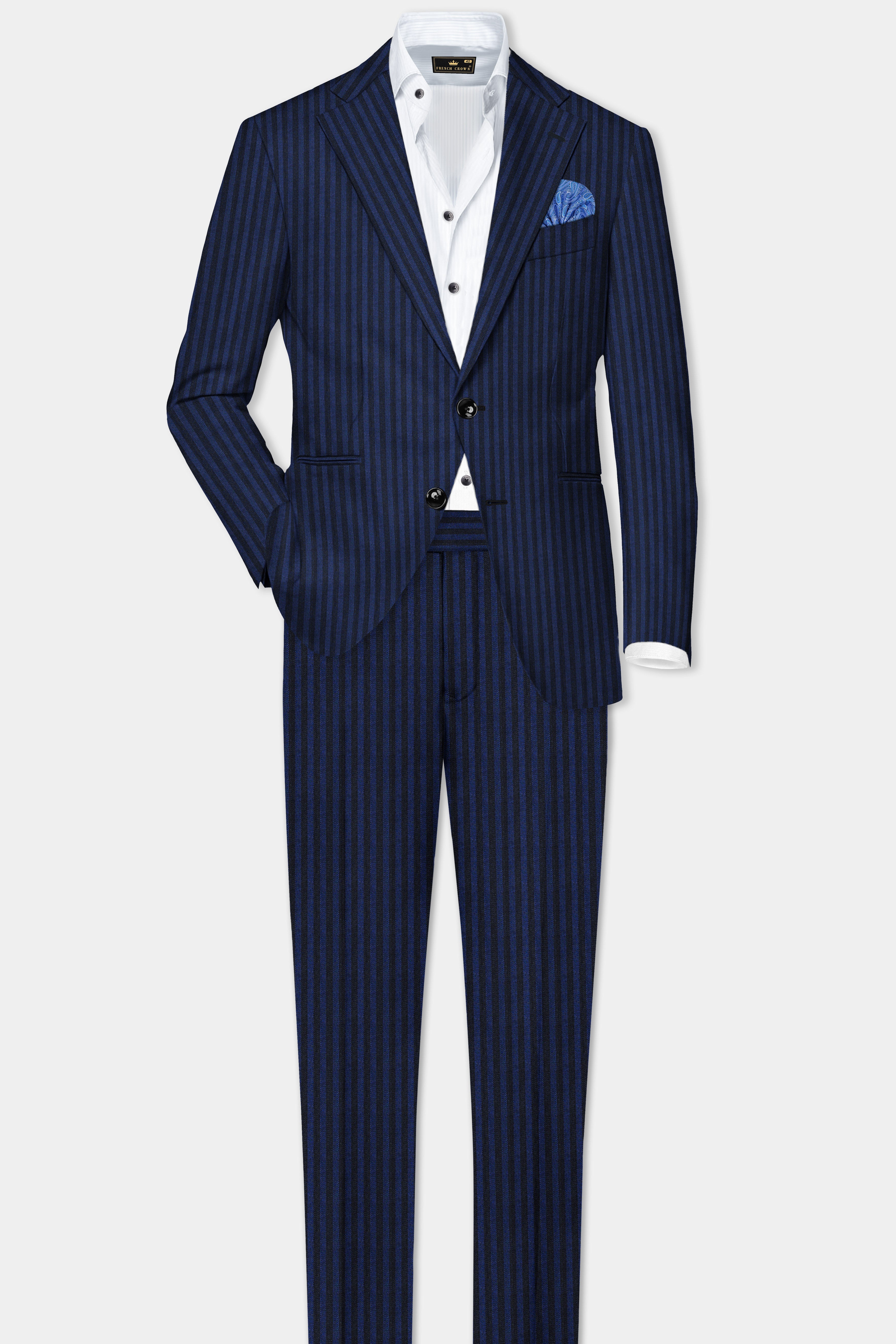 Biscay Blue And Jade Black Striped Wool Rich Single Breasted Suit