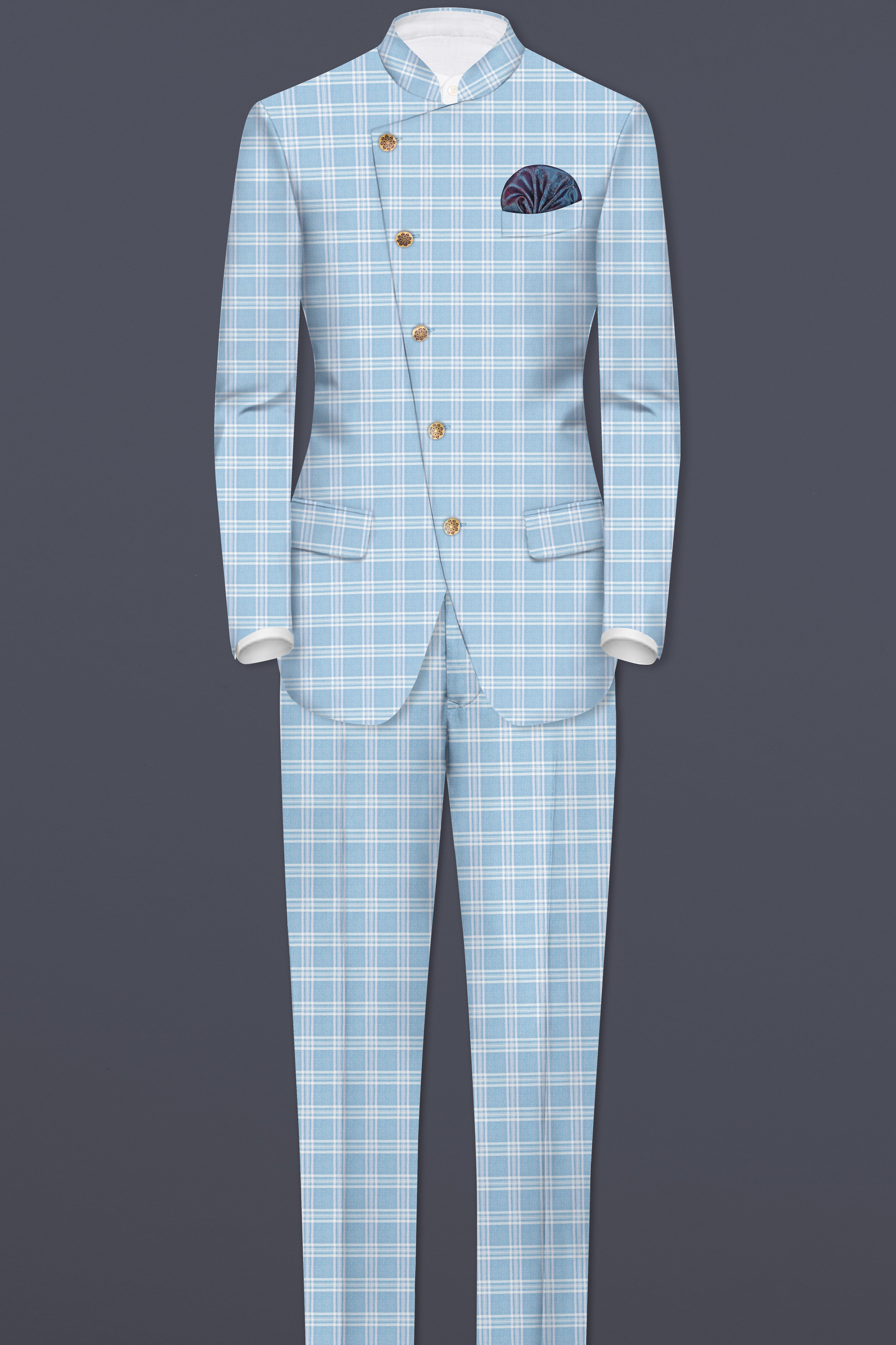 Ziggurat Blue And Bright White Plaid Wool Rich Cross Placket Bandhgala Suit