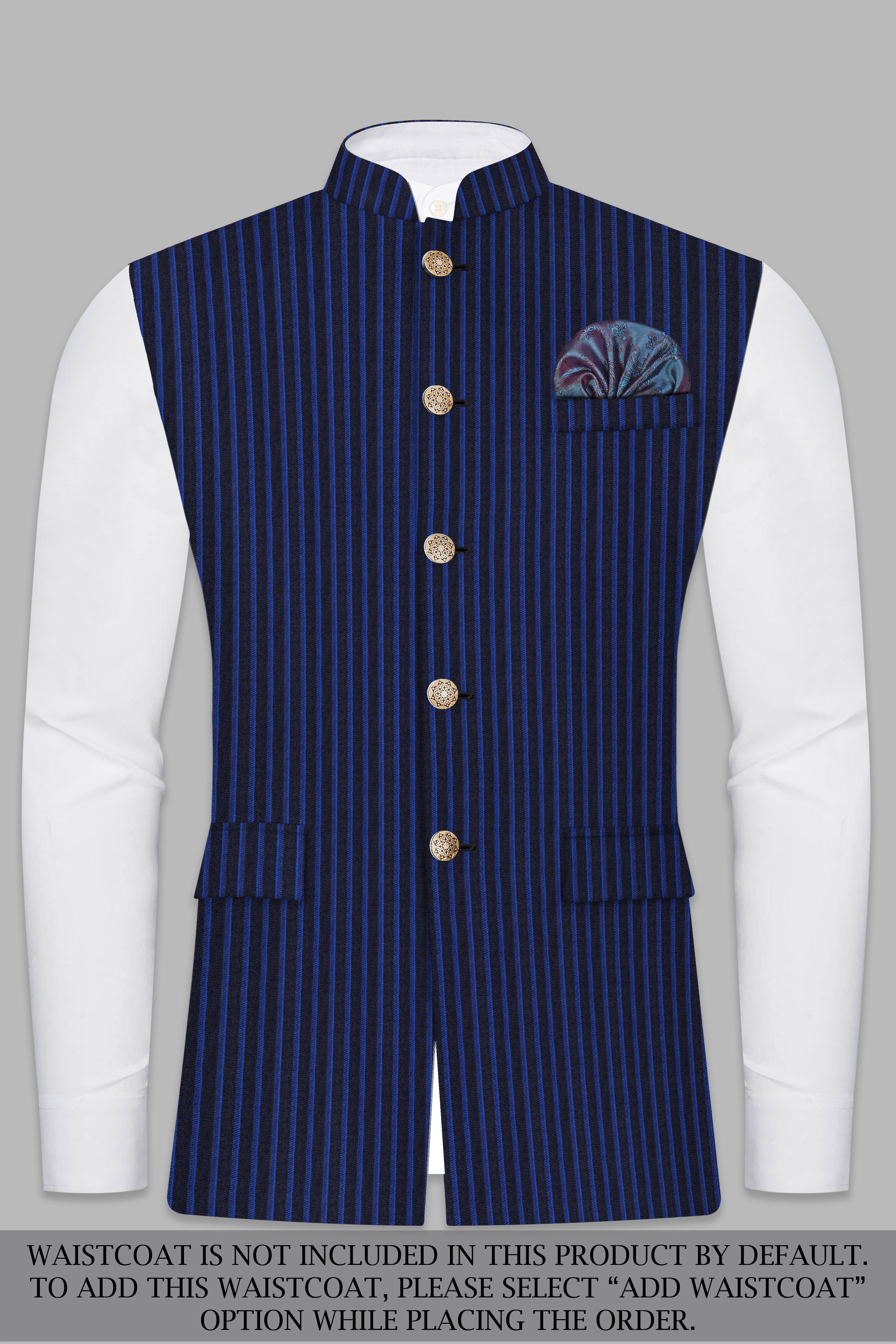 Sapphire Blue And Jade Blue Striped Wool Rich Cross Placket Bandhgala Suit