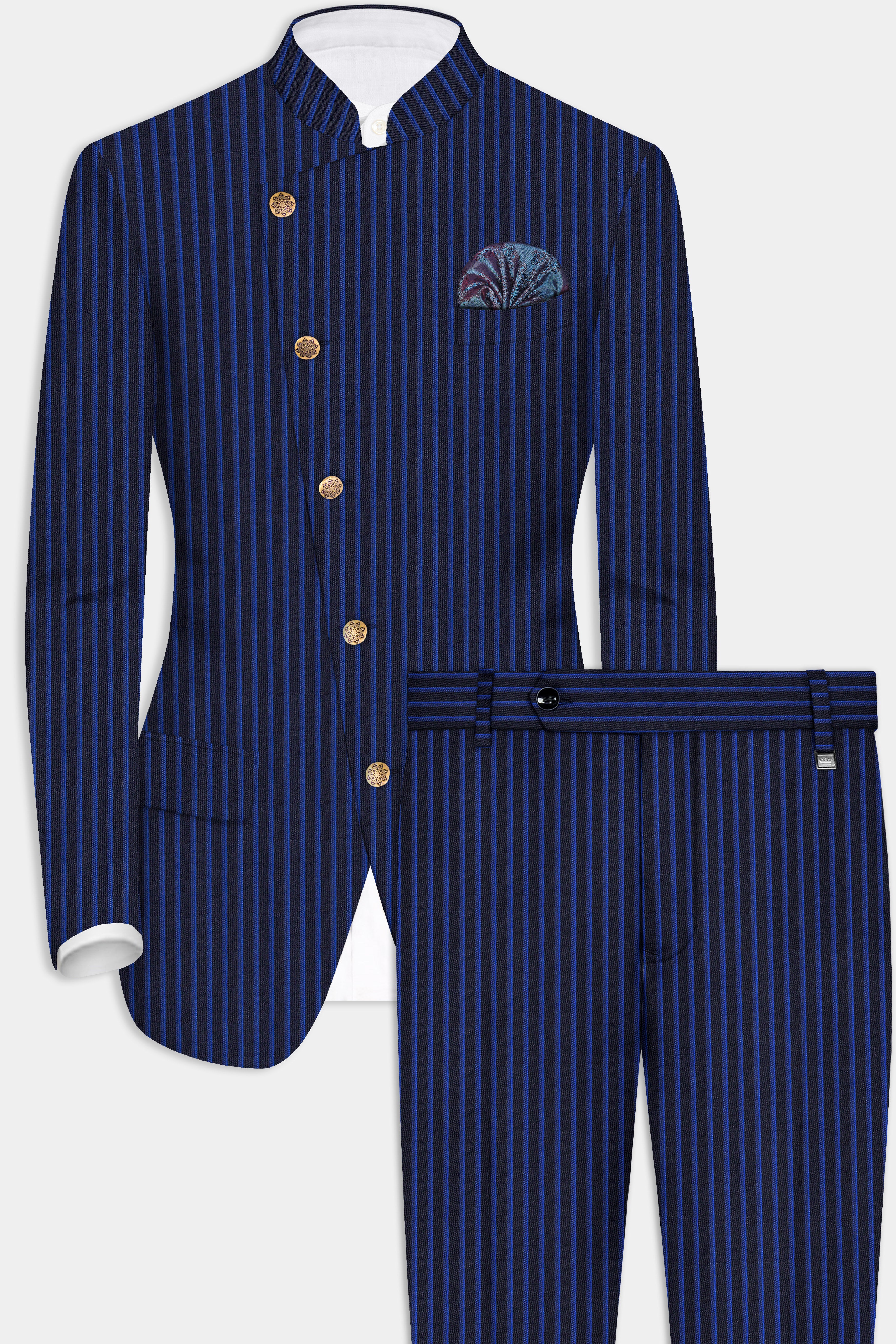 Sapphire Blue And Jade Blue Striped Wool Rich Cross Placket Bandhgala Suit